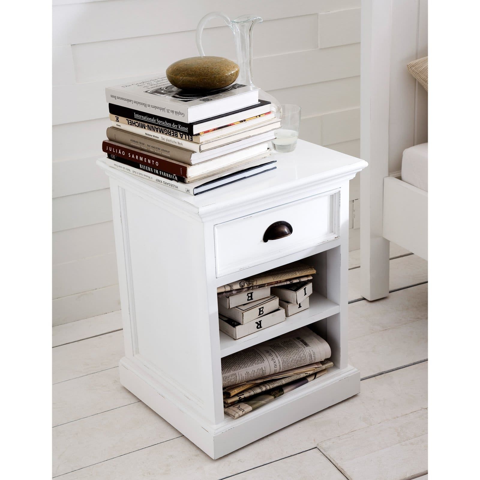 Classic White Mahogany Nightstand with Drawer and Open Shelves