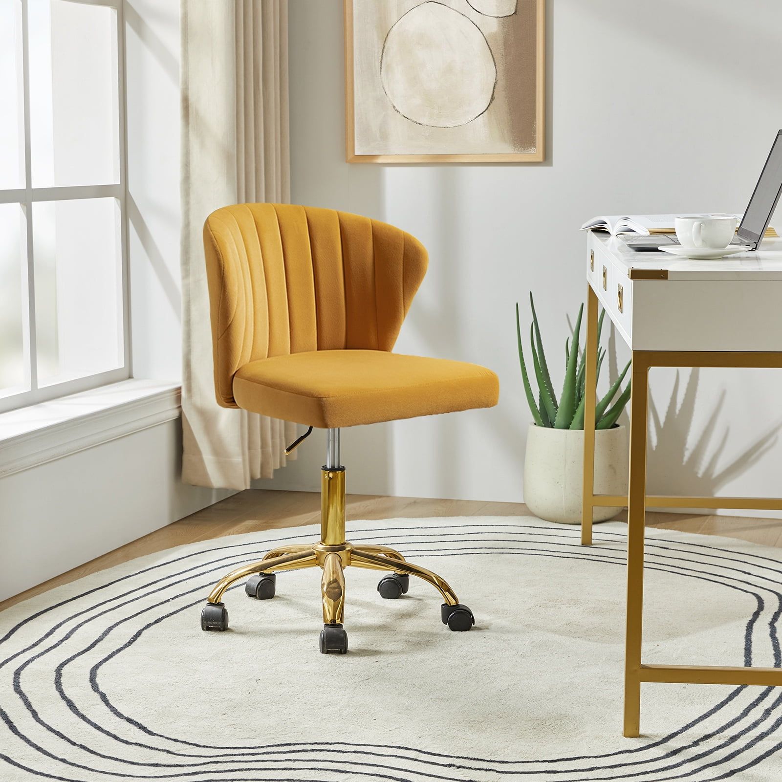 Mustard Velvet Armless Swivel Task Chair with Gold Legs