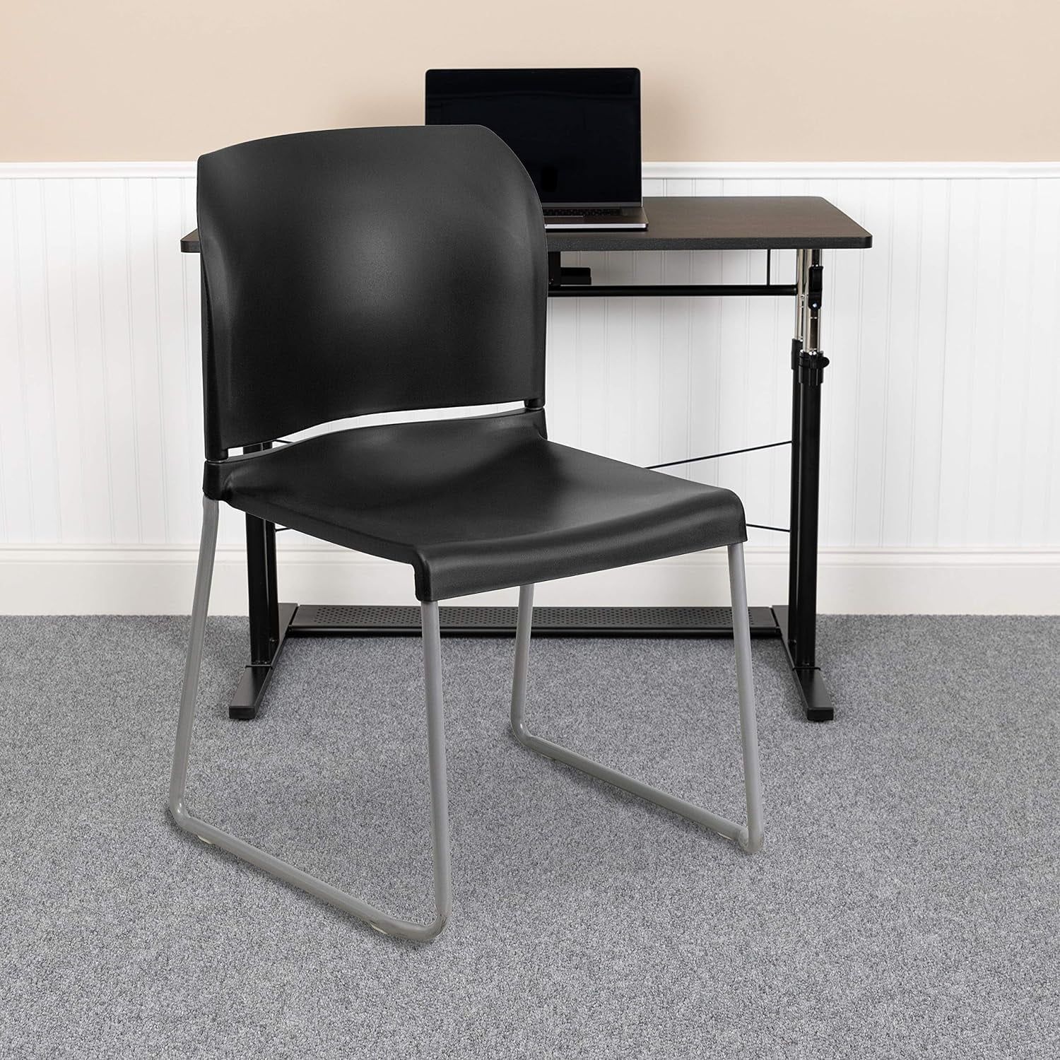 Gray Metal Armless Stacking Chair with Full Back