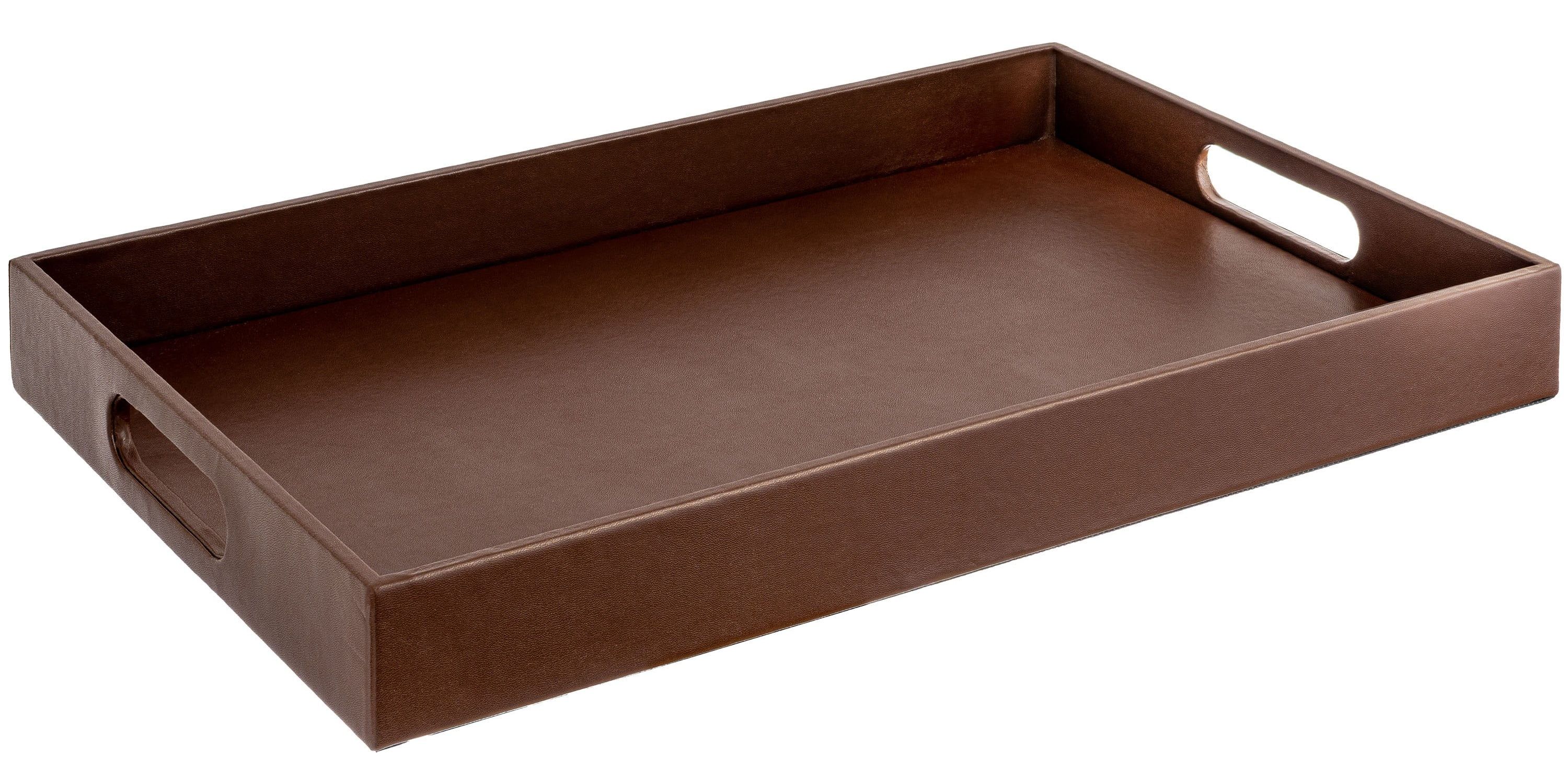 Brown Faux Leather Modern Rectangular Serving Tray with Handles