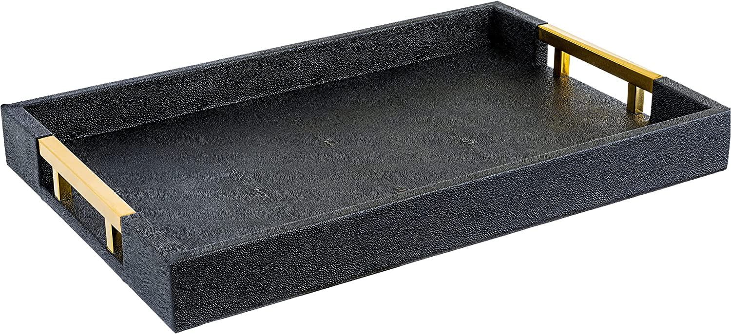 Modern Black Glossy Faux Leather Serving Tray with Gold Handles