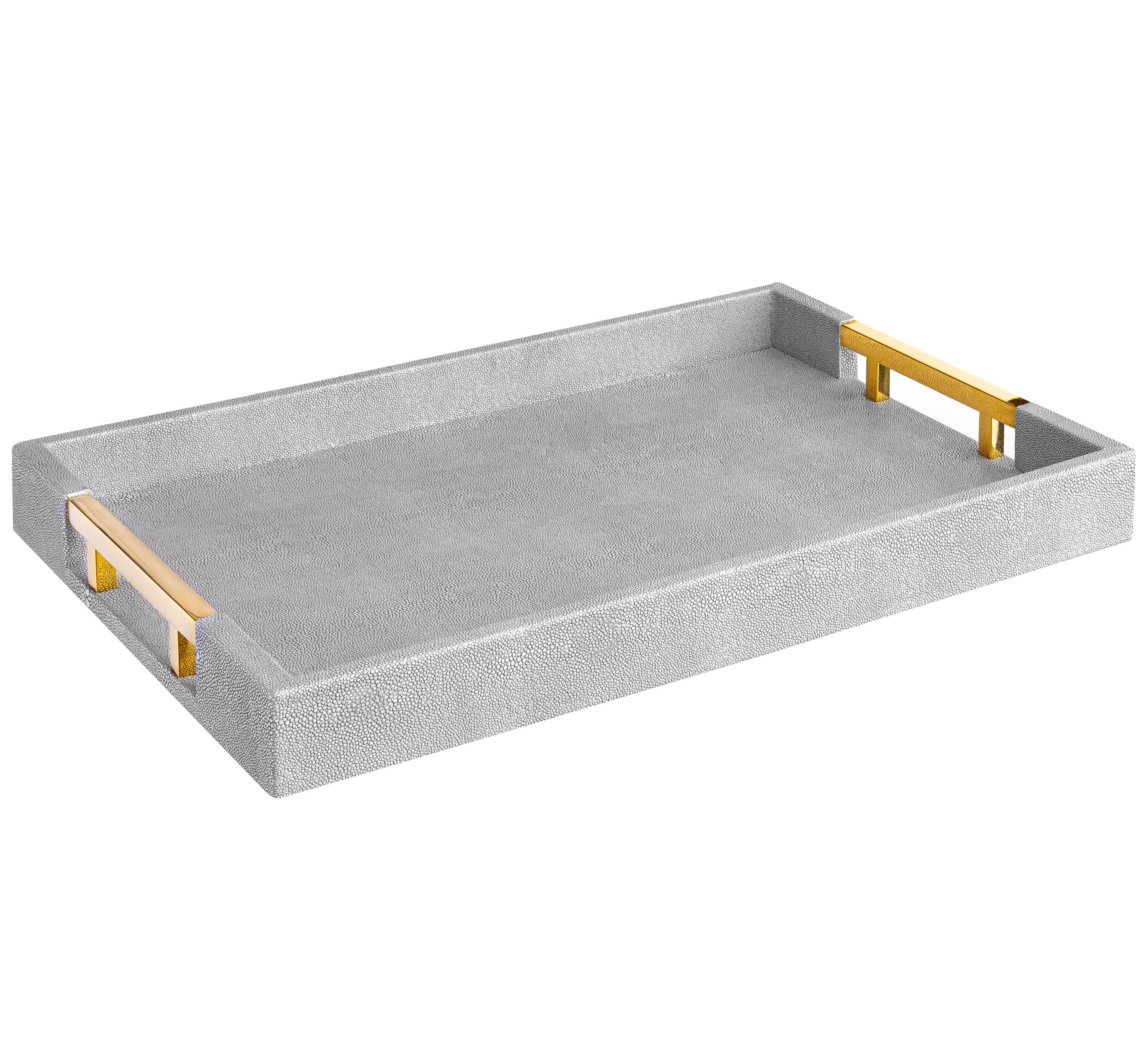 Modern Grey Shagreen Faux Leather Tray with Gold Handles