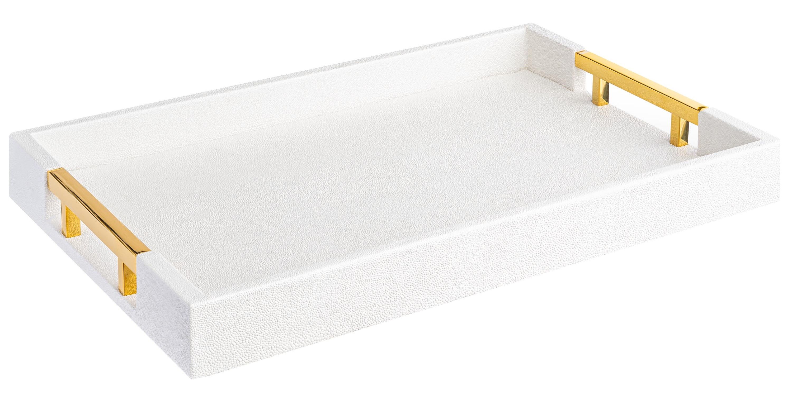 White Glossy Shagreen Faux Leather Tray with Gold Handles