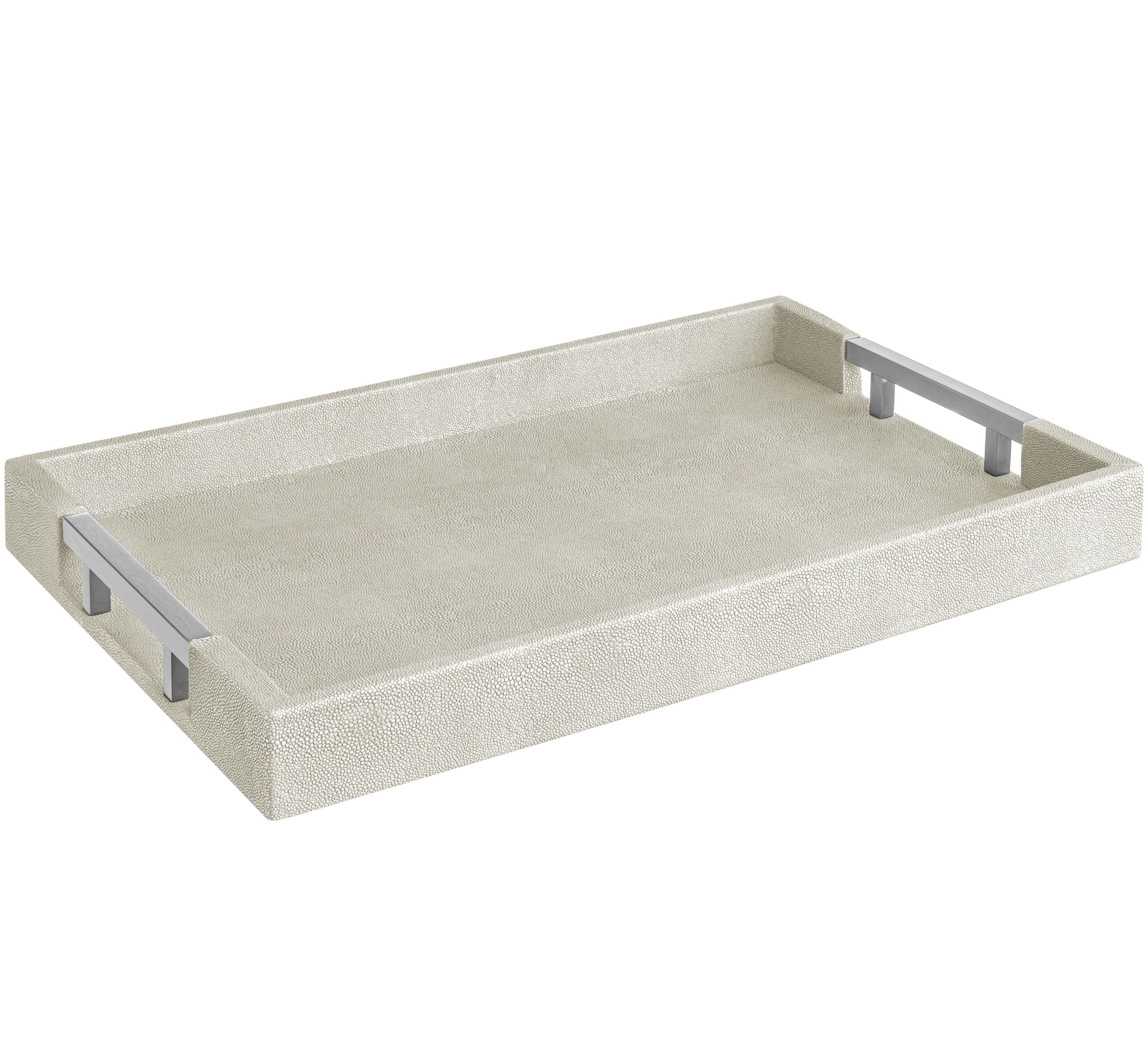 Modern Ivory Faux Leather Shagreen Rectangular Serving Tray with Silver Handles