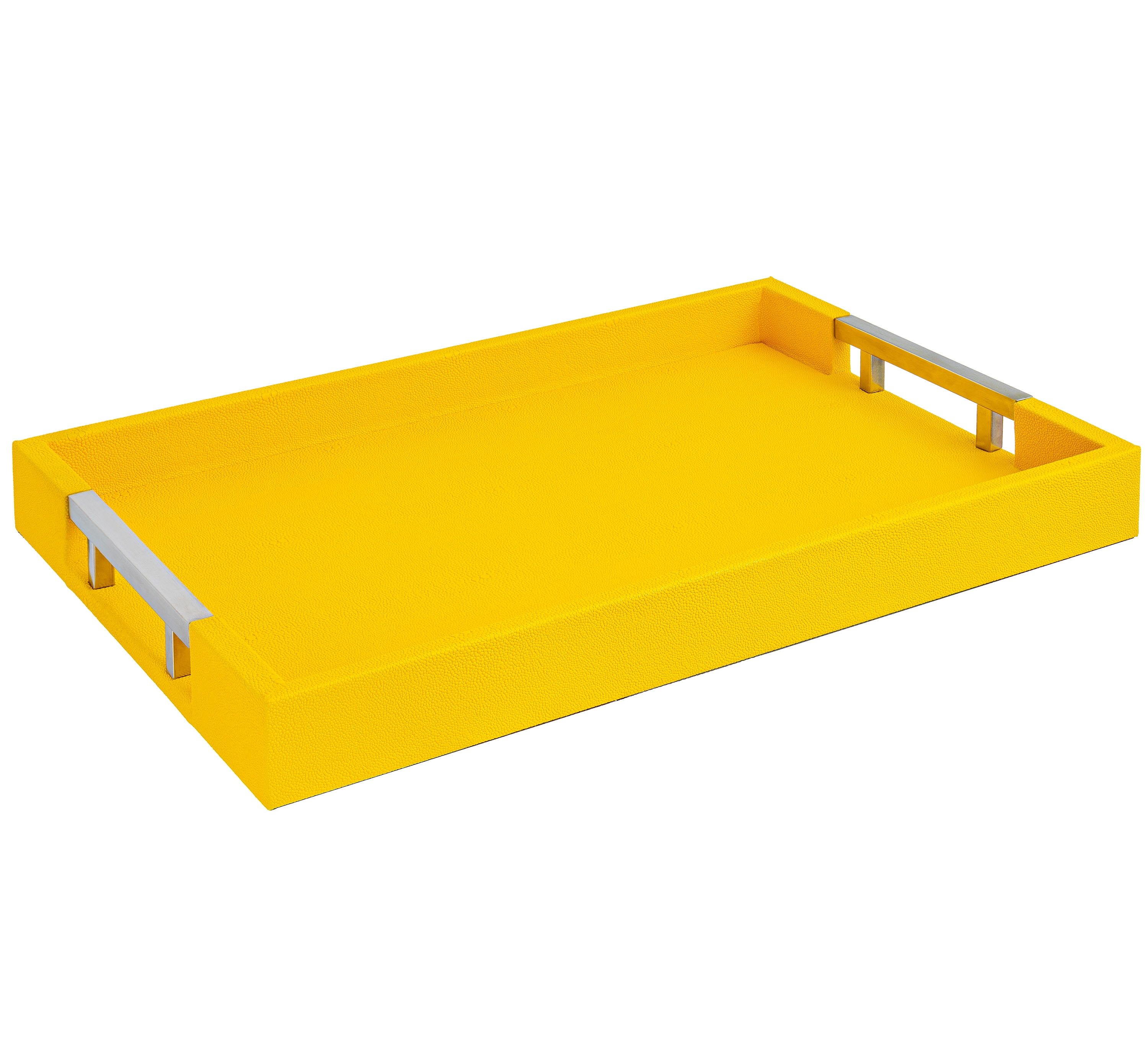 Yellow Faux Leather Rectangle Serving Tray with Silver Handles