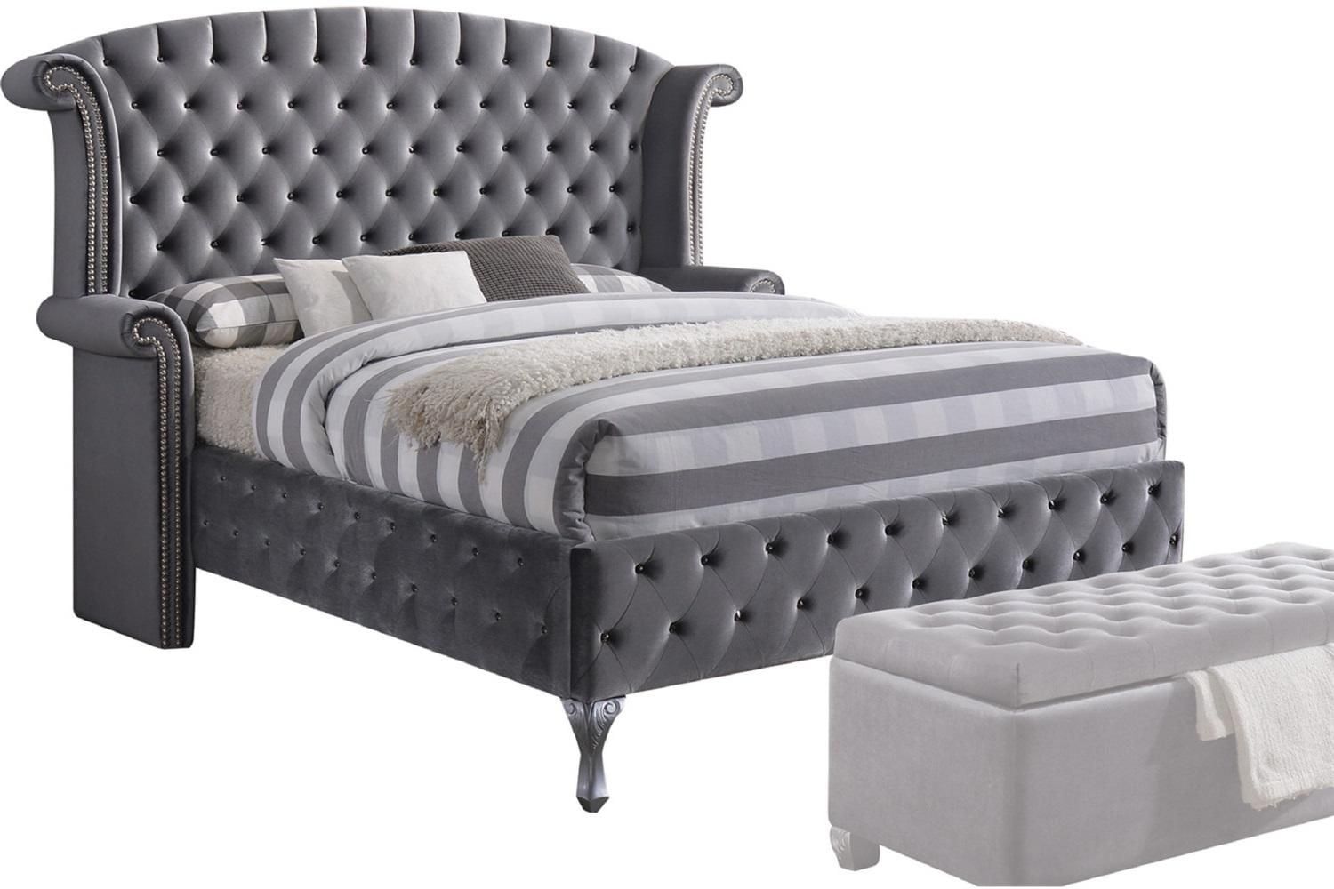 Luxurious Gray Velvet Queen Bed with Tufted Upholstery and Nailhead Trim