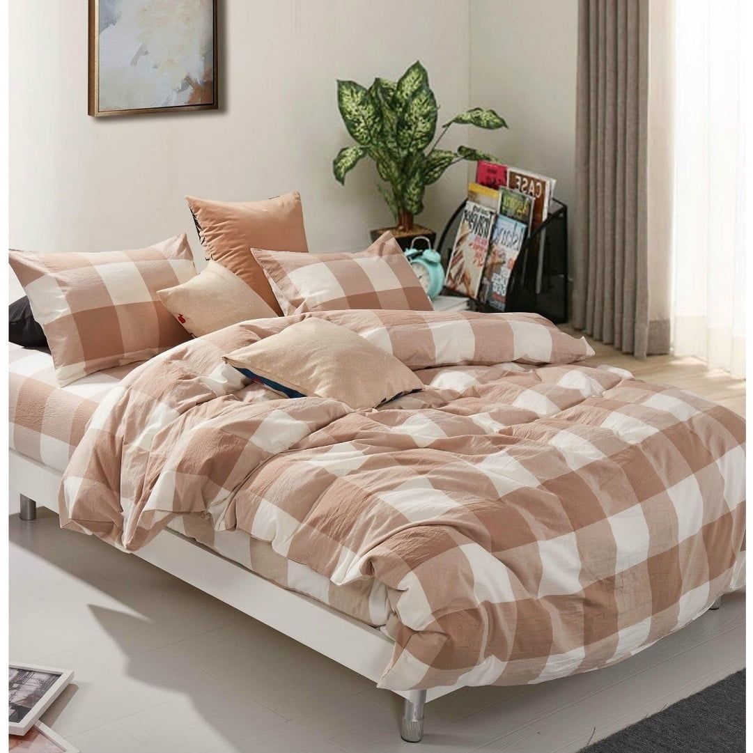 Queen Coffee Plaid Cotton Flannel Duvet Cover Set