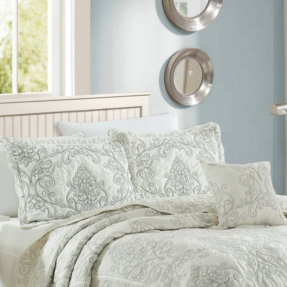 Antique White King Microfiber Reversible Damask Bedspread Set