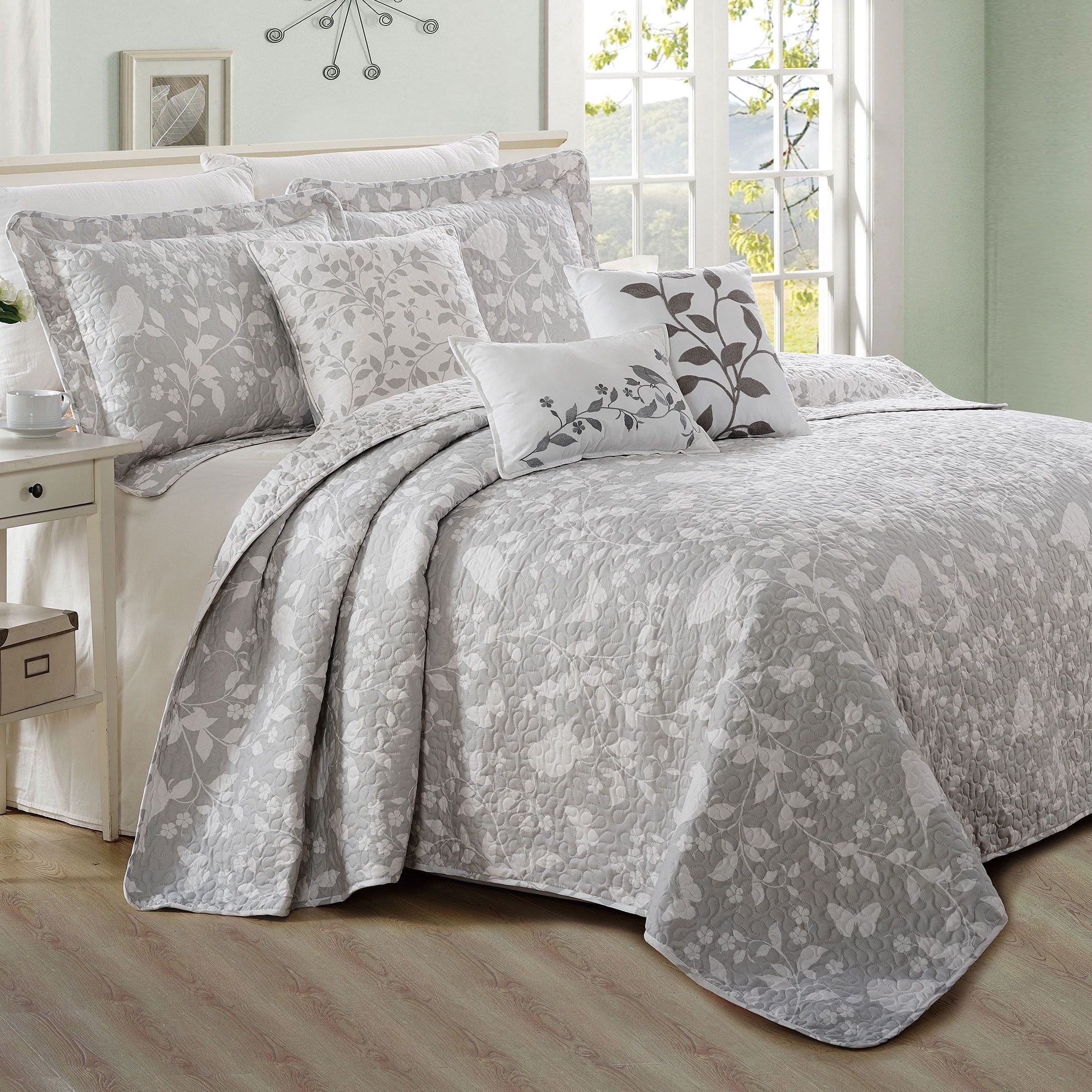 Birdsong Gray Microfiber Reversible California King Coverlet Set