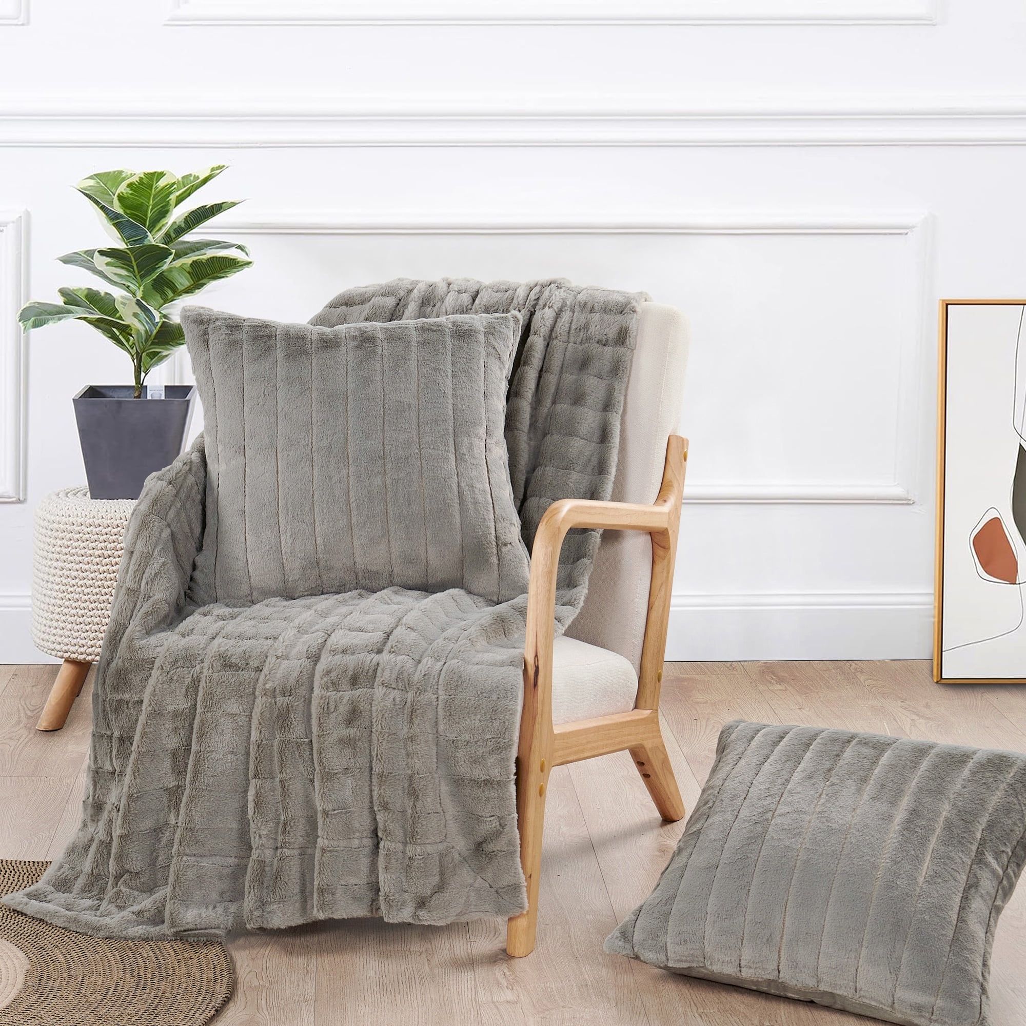 Silver Faux Fur Reversible Throw Blanket and Pillow Set