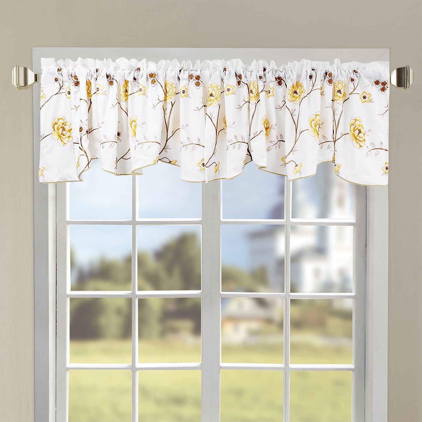 Gold Floral Embroidered Scalloped Window Valance with Rod Pocket