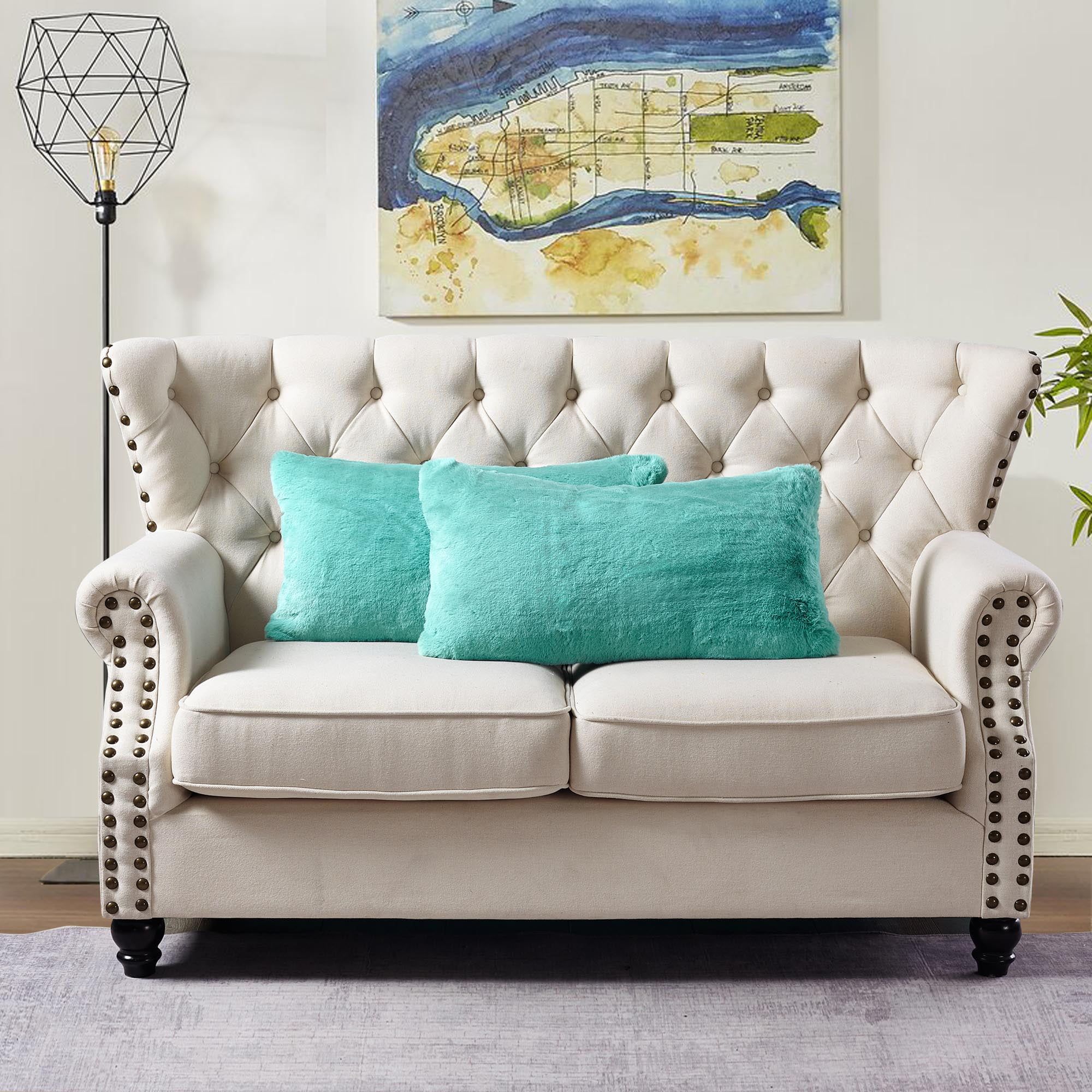 Turquoise Faux Fur Polyester Square Pillow Covers - 14" x 26"