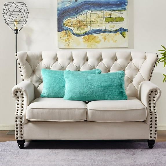Turquoise Faux Fur Polyester Square Pillow Covers - 14" x 26"