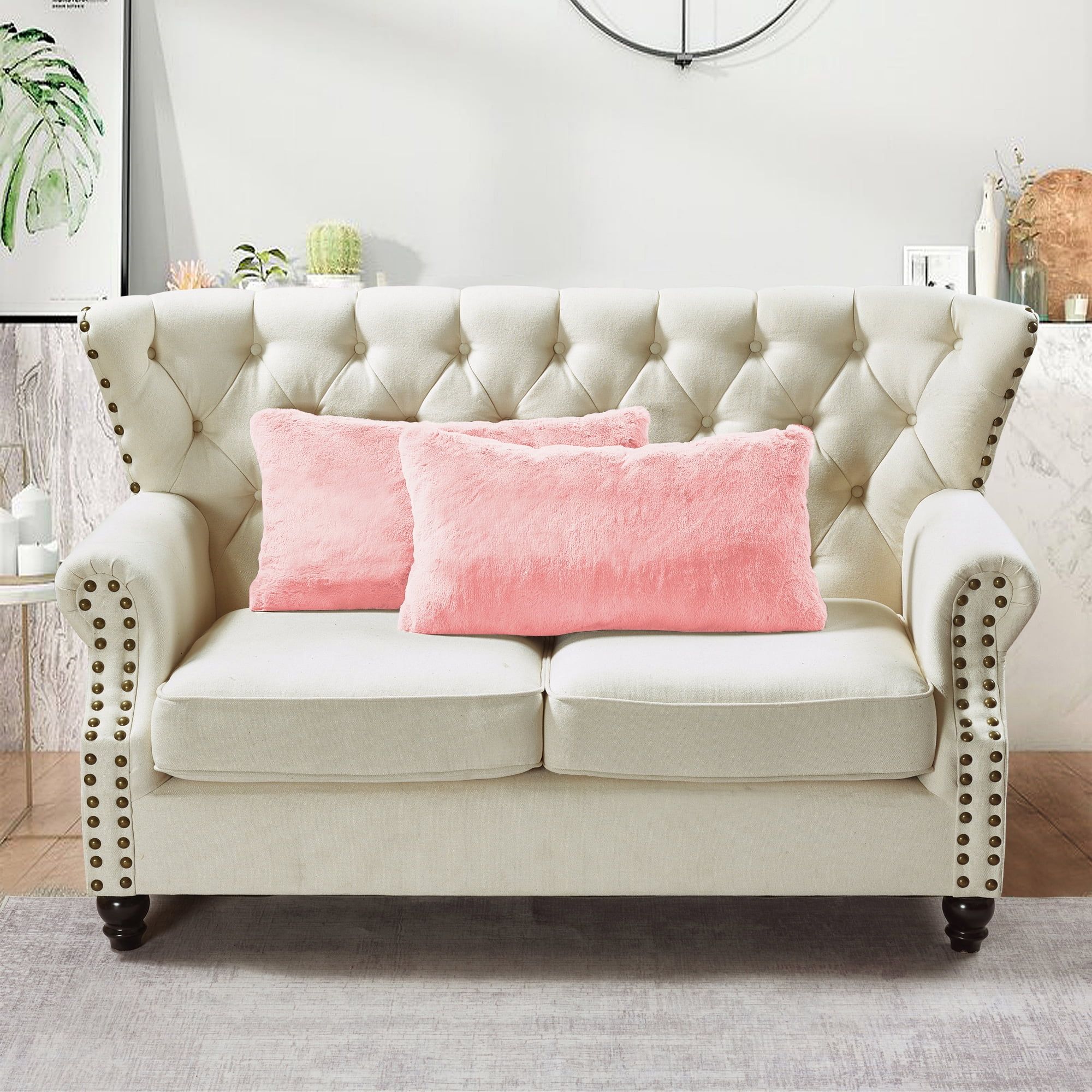 Rose Quartz Heavy Faux Fur Lumbar Pillow Covers, 14" x 26"