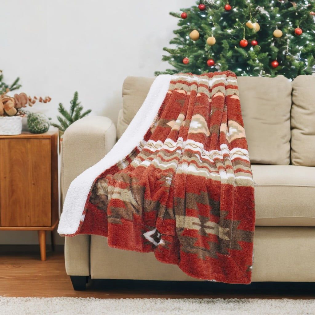 Cozy Southwest Sherpa & Faux Fur Throw Blanket, Brick Red, 50'' x 60''