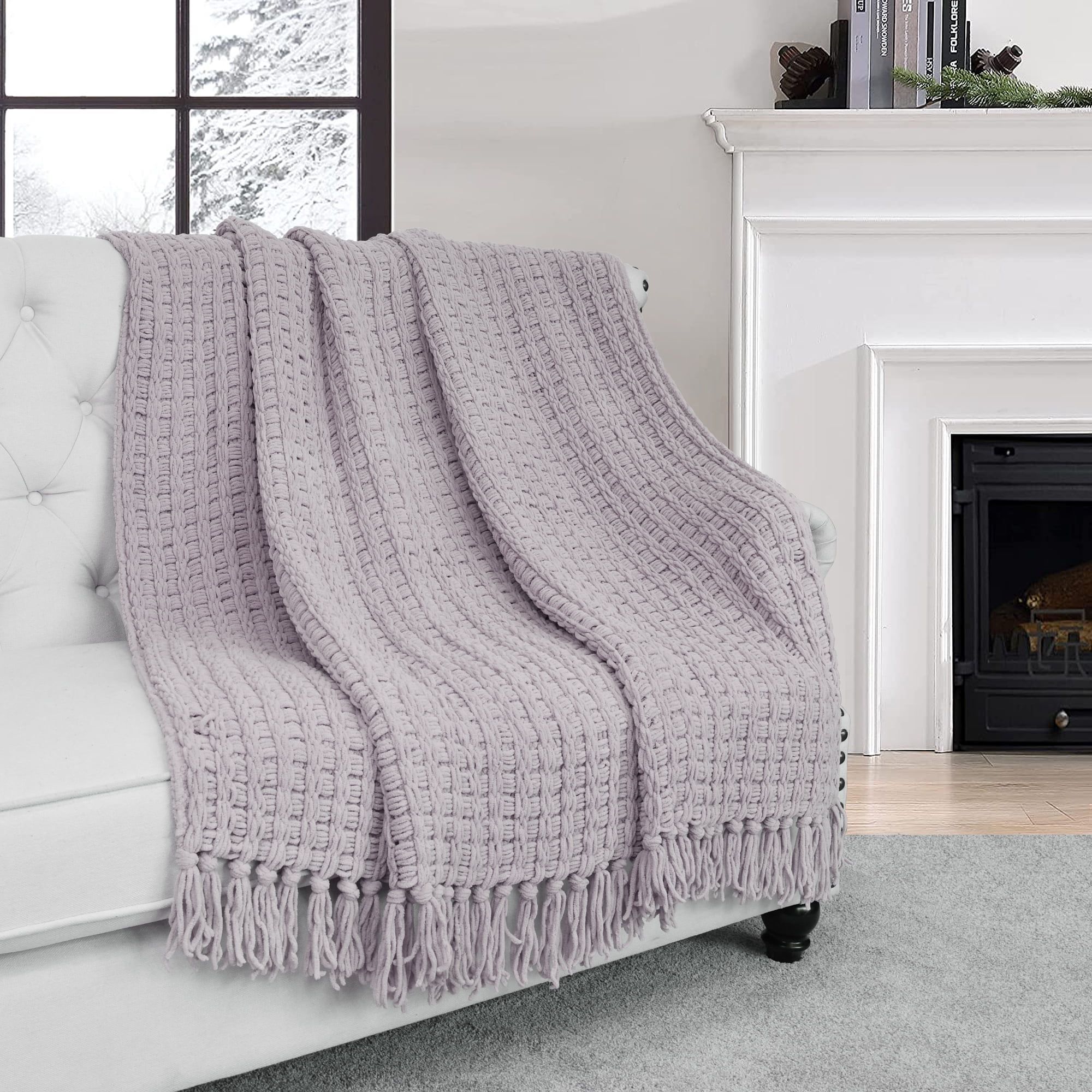 Lilac Knitted Polyester Throw Blanket with Tassels, 50" x 60"