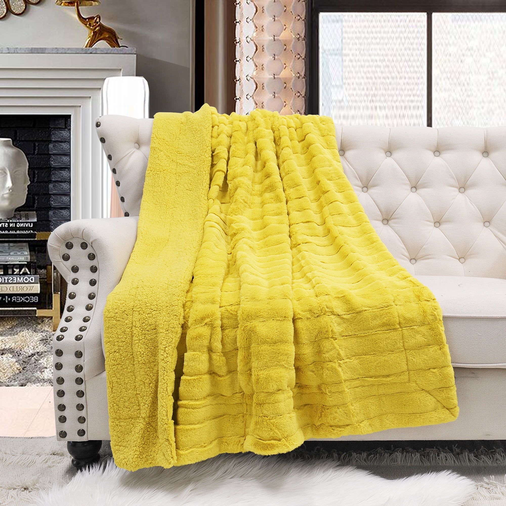 Lemon Curry Faux Fur and Sherpa Throw Blanket - 50" x 60"