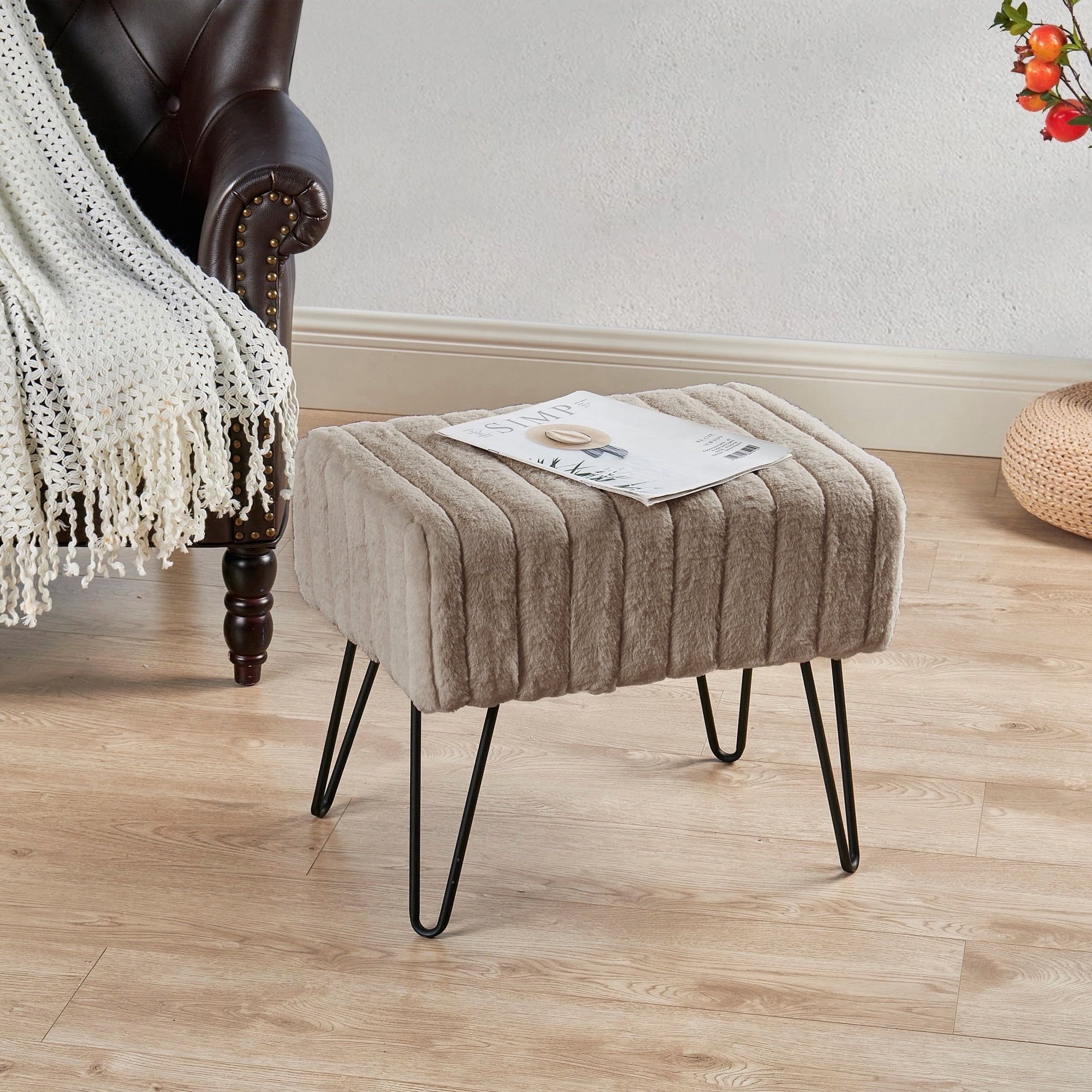 Fungi Faux-Fur Upholstered Footstool with Metal Legs, 19"x13"x17"
