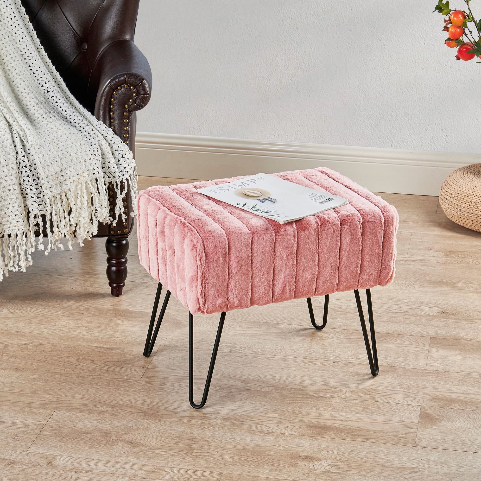 Rose Smoke Faux Fur Upholstered Footstool with Metal Legs