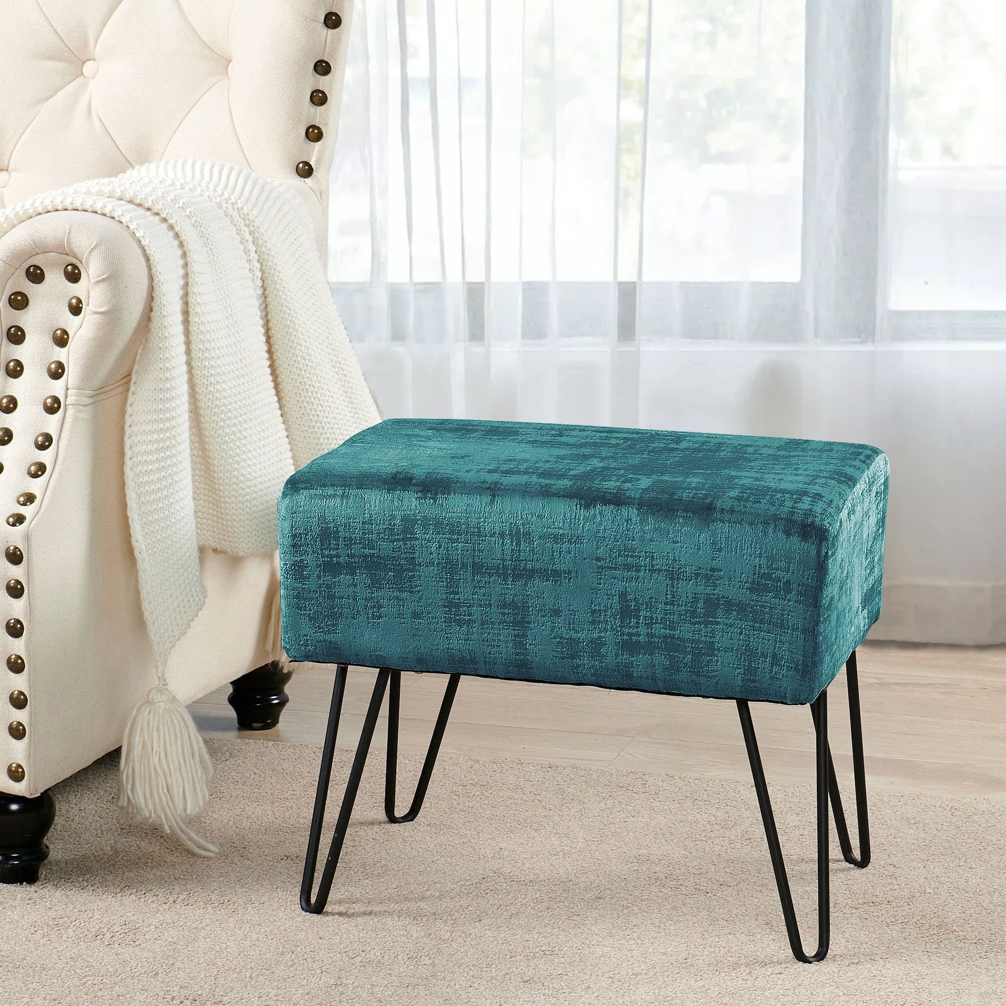 Agate Green Textured Velvet Ottoman with Black Metal Legs