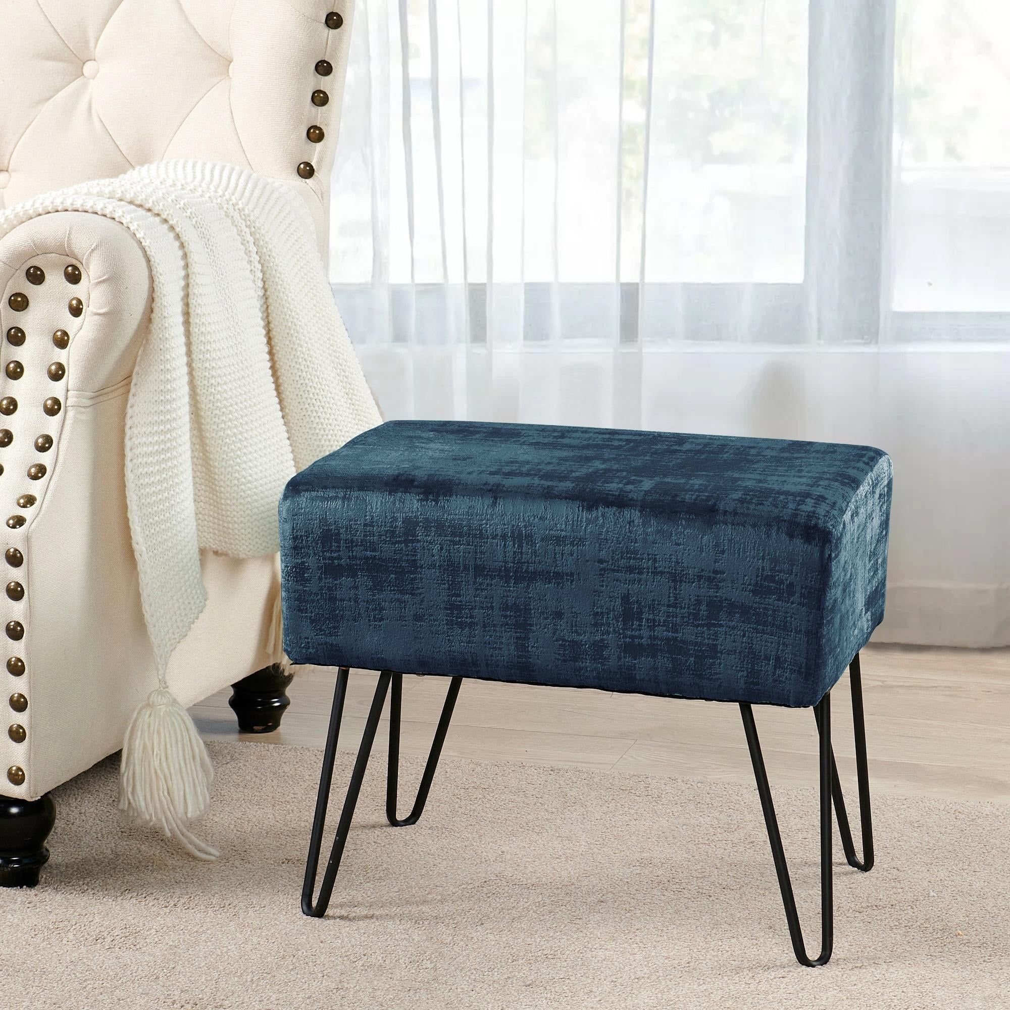 Modern Textured Velvet Ottoman with Metal Hairpin Legs, Blue