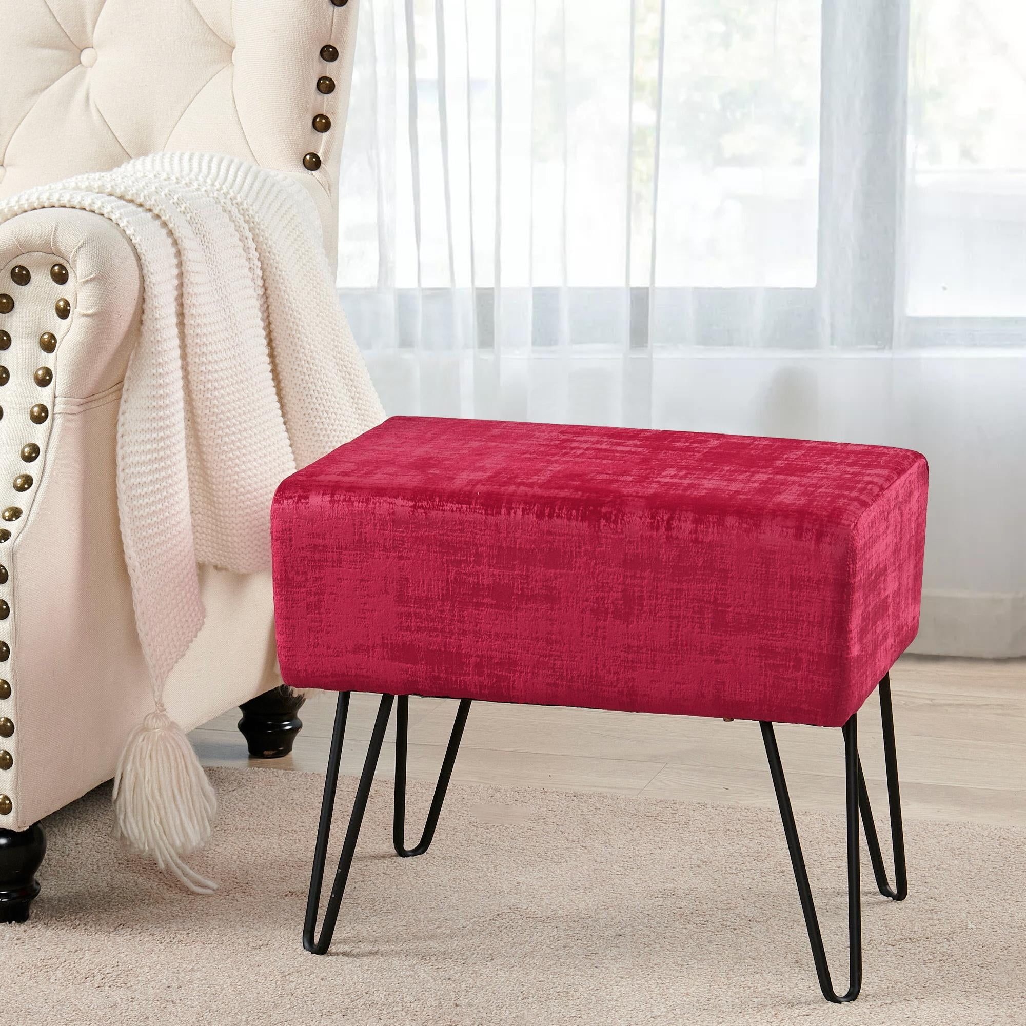 Tango Red Velvet Footstool with Metal Hairpin Legs