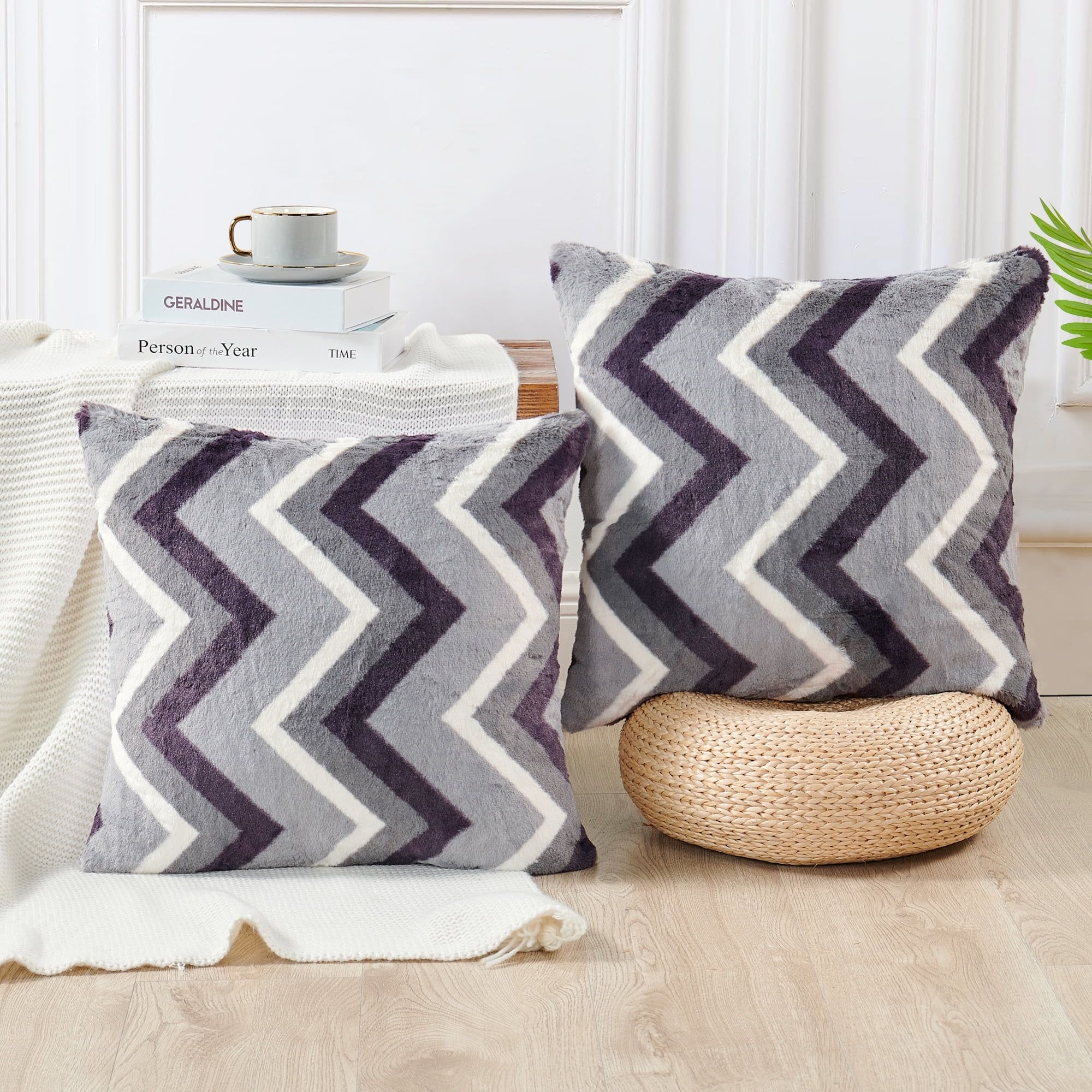 Gray and Purple Chevron Faux Fur Pillow Covers, 20" x 20"