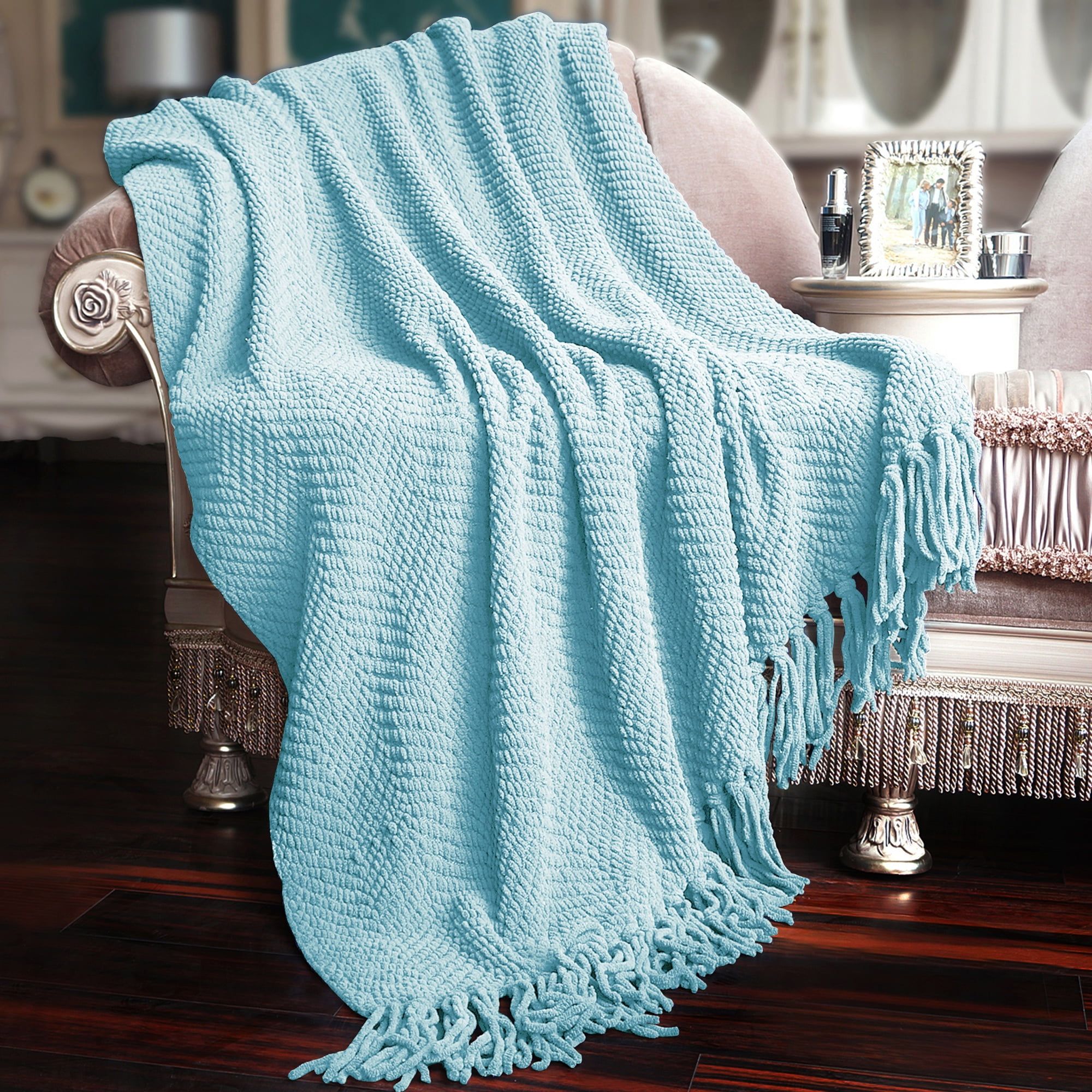 Aquamarine Knitted Reversible Throw Blanket with Tassels