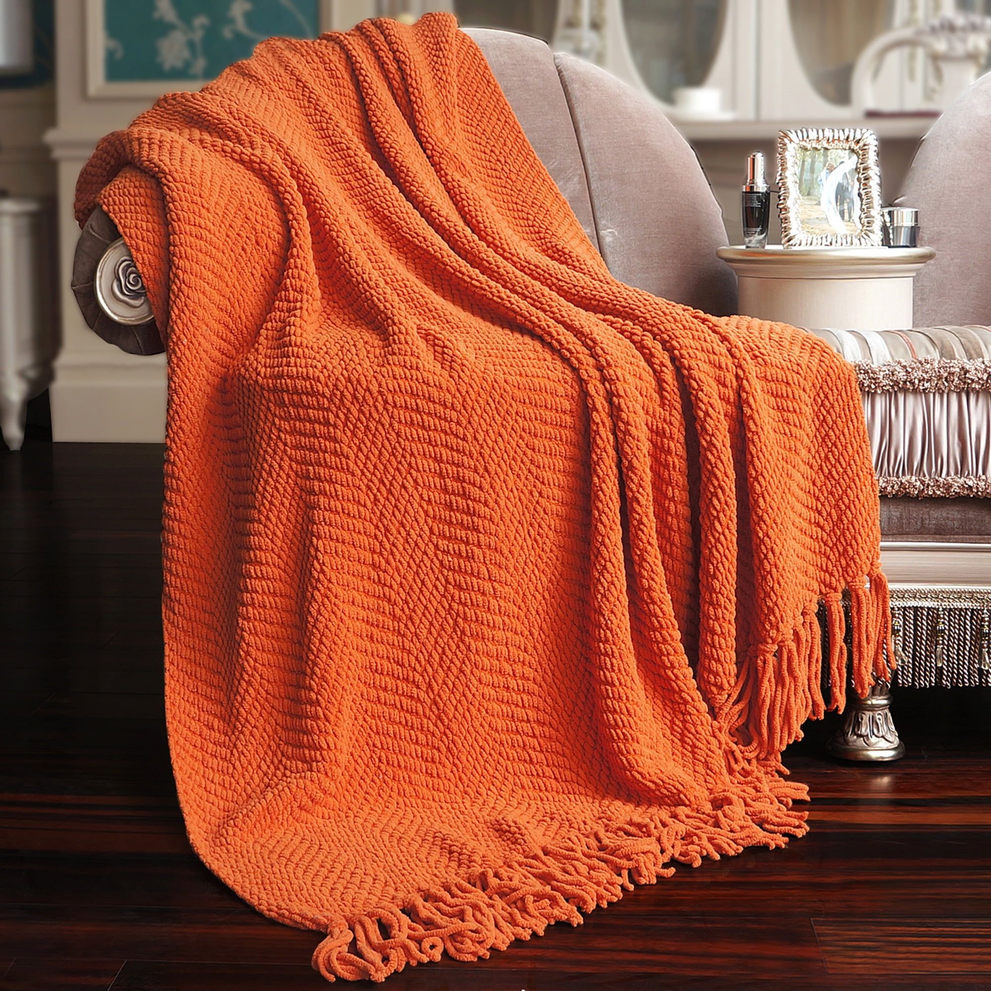 Burnt Orange Knitted Reversible Tweed Throw Blanket 50x60"