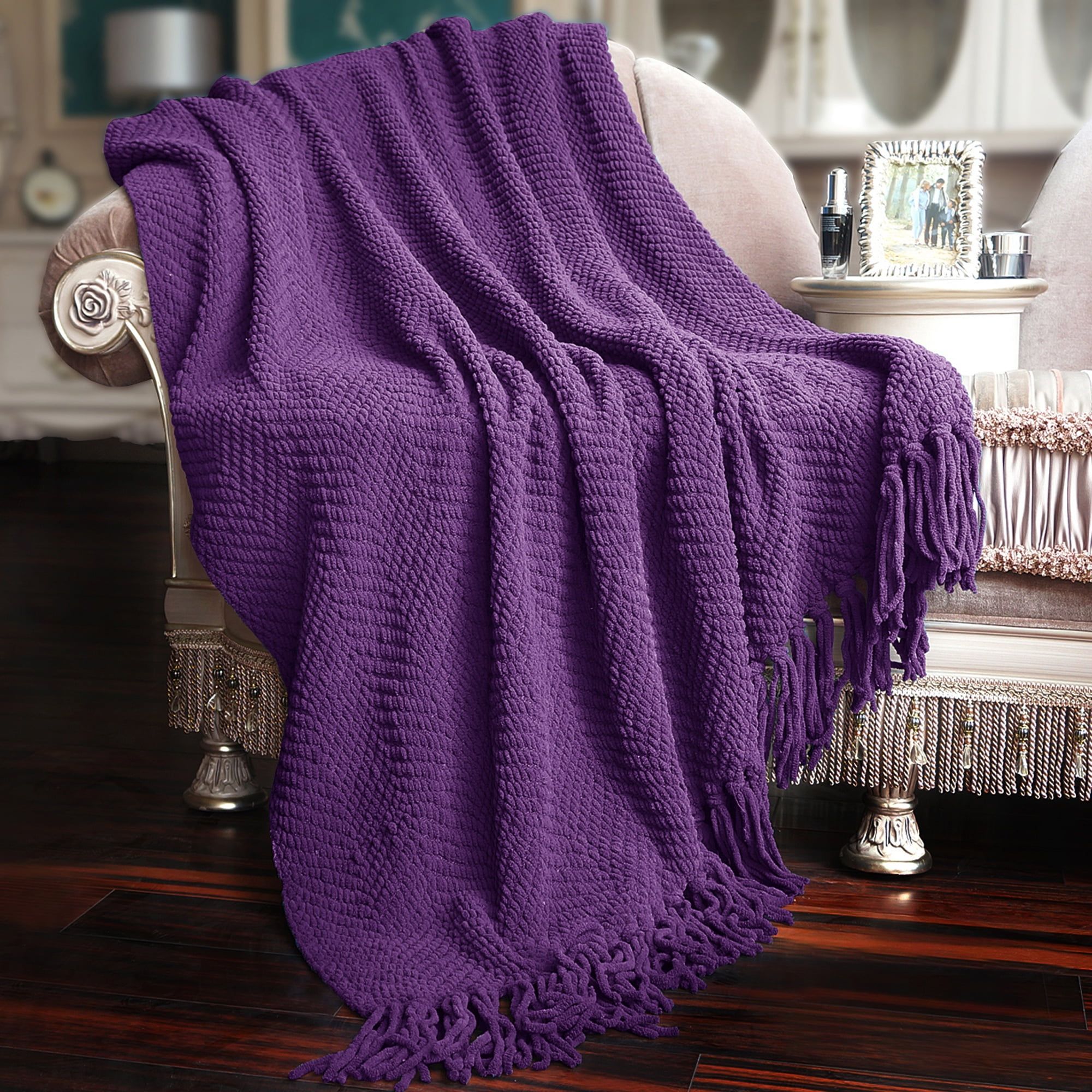 Imperial Purple Tweed Knitted Throw Blanket with Braid Tassels - 60x80 inches