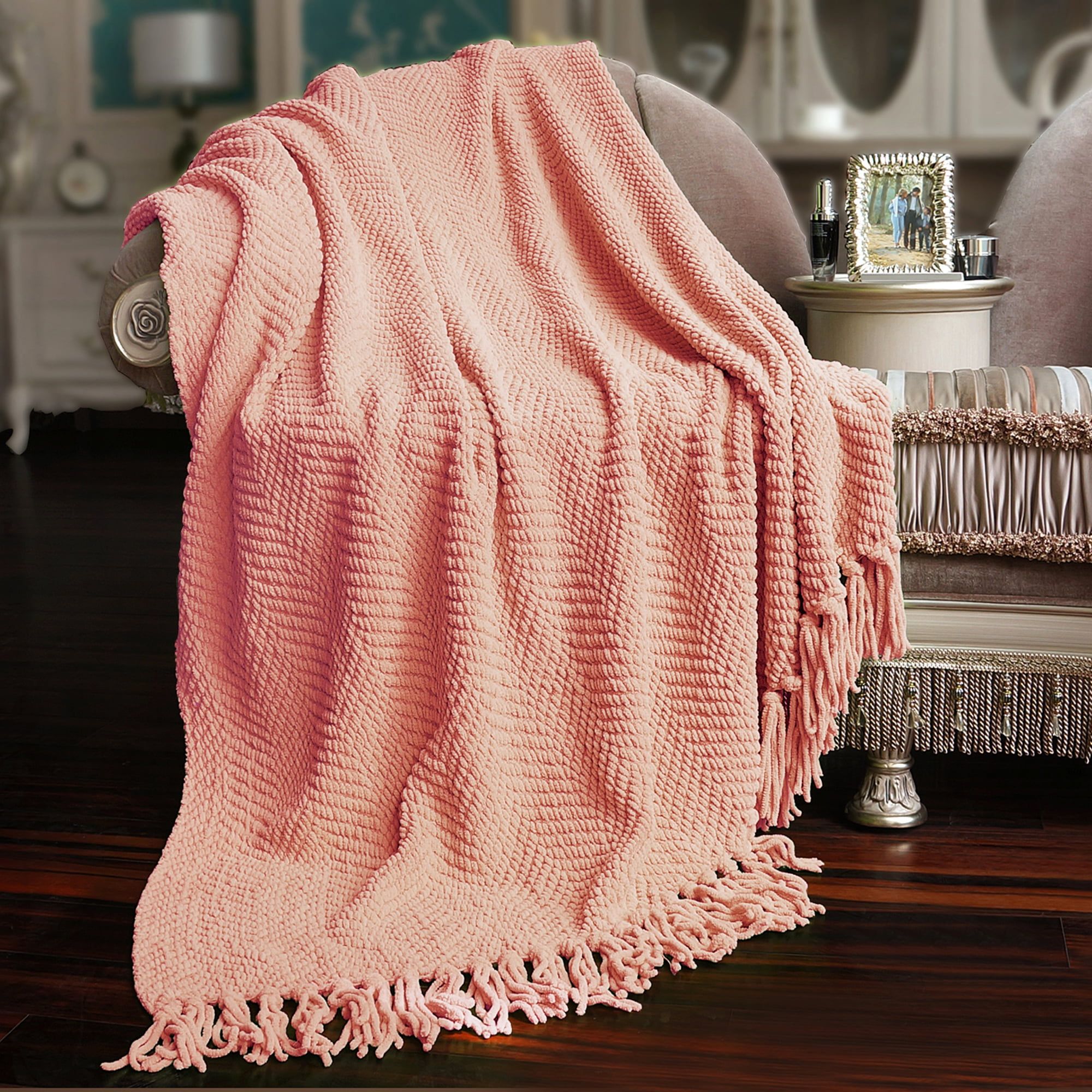 Peach Melba Chevron Knitted 60" x 80" Cozy Throw Blanket