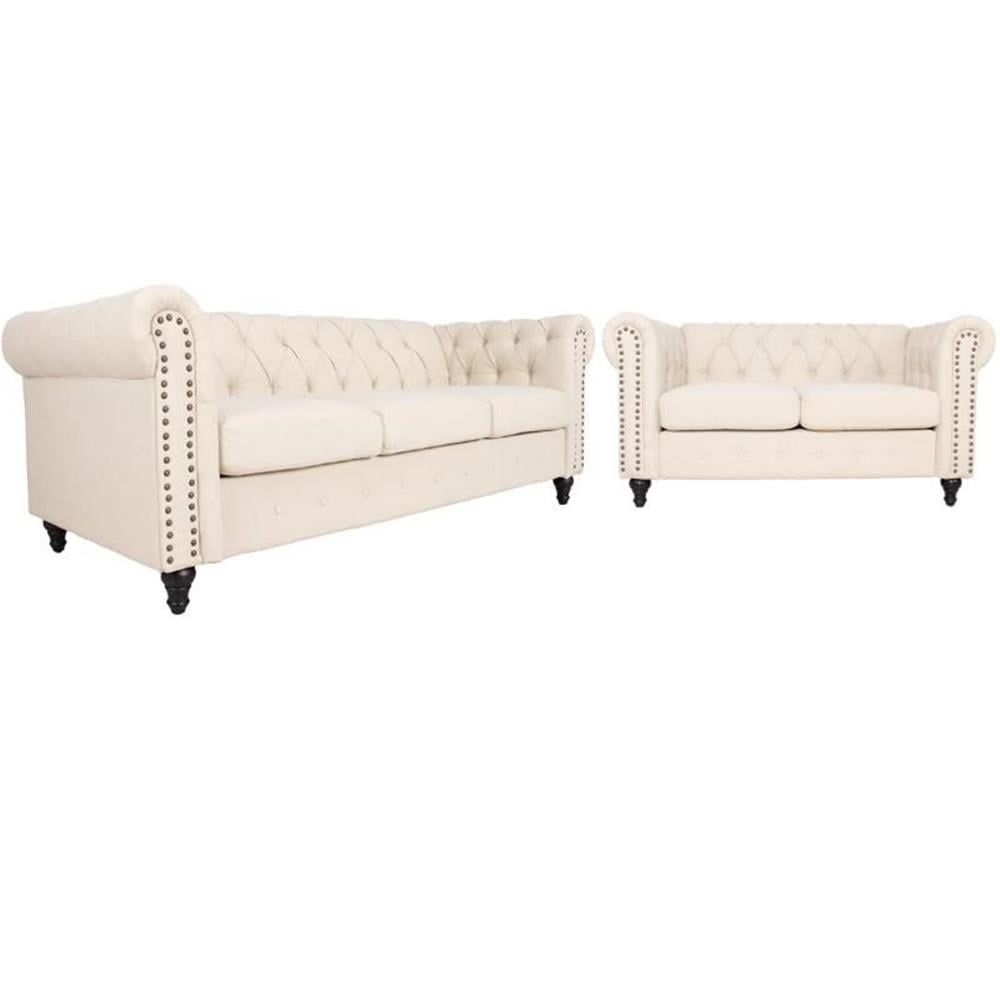 Cream Microfiber Traditional Sofa and Loveseat Set with Nailhead Trim