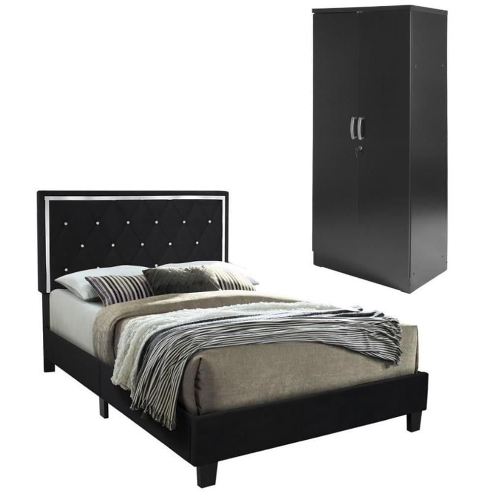 Black Velvet Queen Platform Bed and Armoire Set