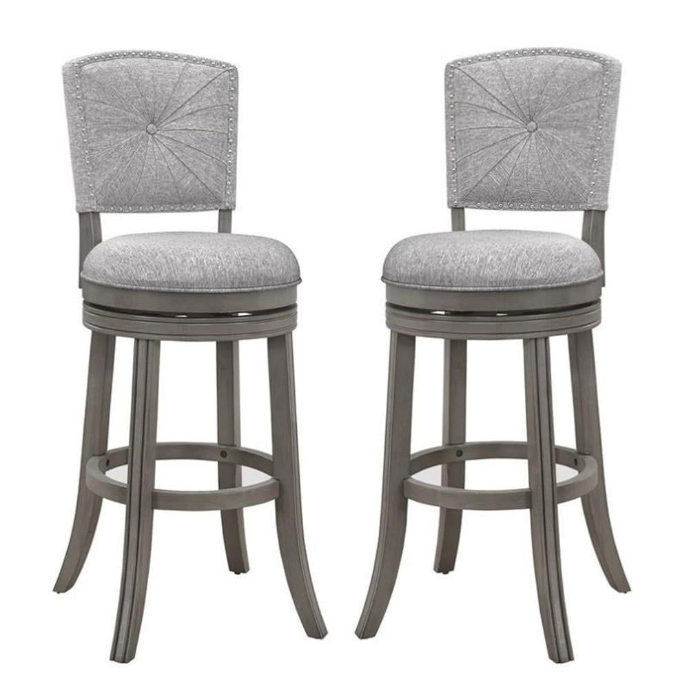 Antique Gray Swivel Wood Counter Stools with Ash Upholstery, Set of 2