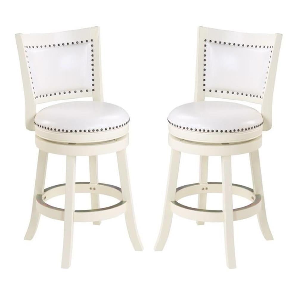 Distressed White Swivel Bar Stools with Faux Leather and Brass Nailhead Trim