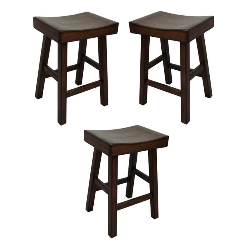 Espresso Brown Wood Saddle Counter Stools, Set of 3