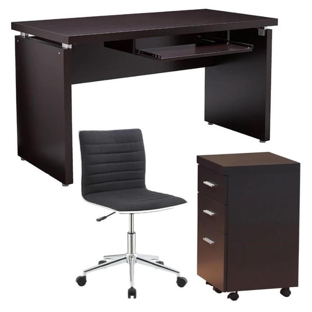 Cappuccino Writing Desk Set with Black Office Chair and File Cabinet