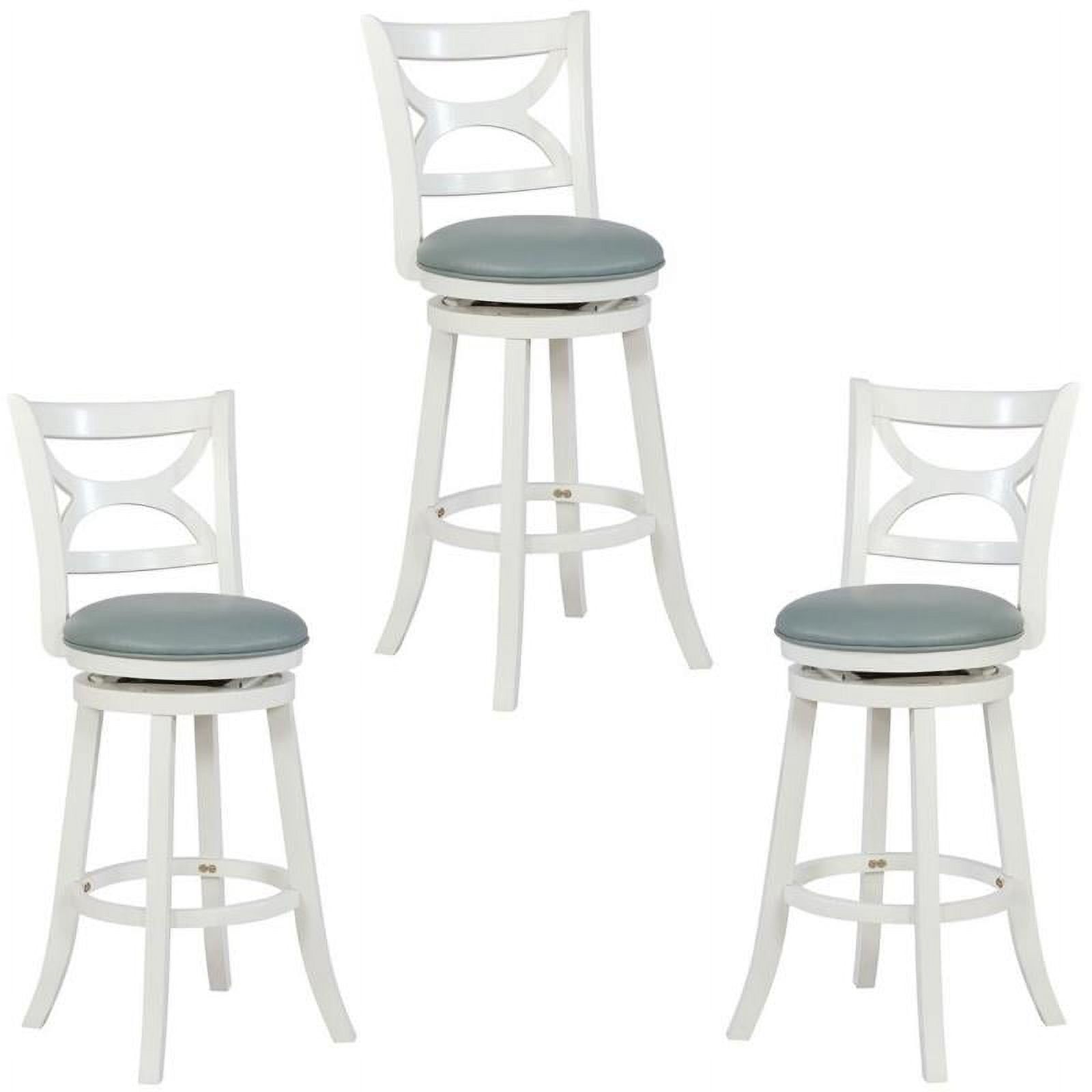 Cream and Blue Swivel Wood Bar Stools with Leather Seats, Set of 3