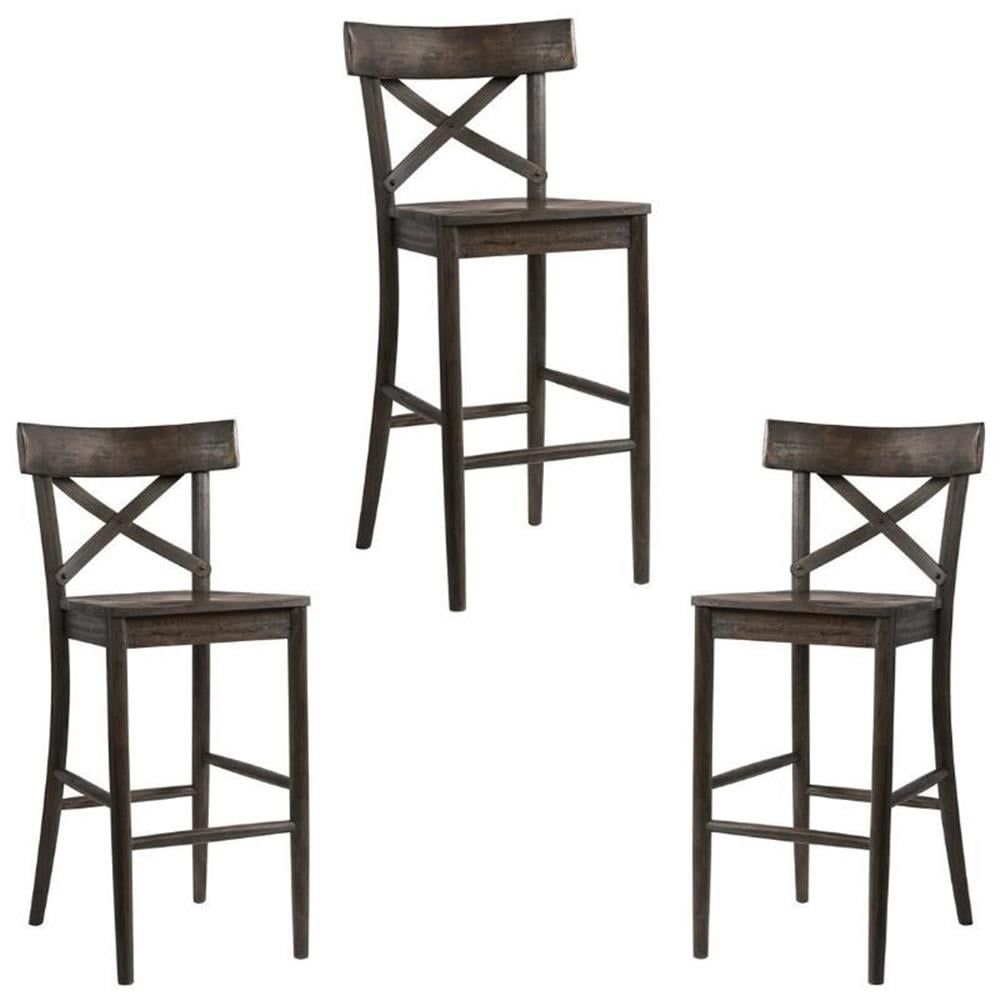 Dark Brown Solid Wood X-Back Bar Stool Set, 3-Piece