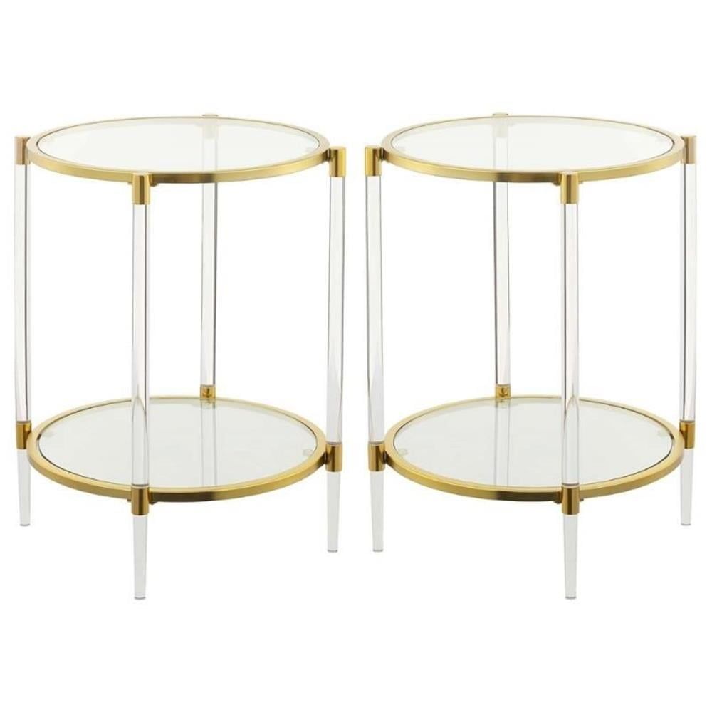 Clear Acrylic and Gold Two-Tier Round End Table Set