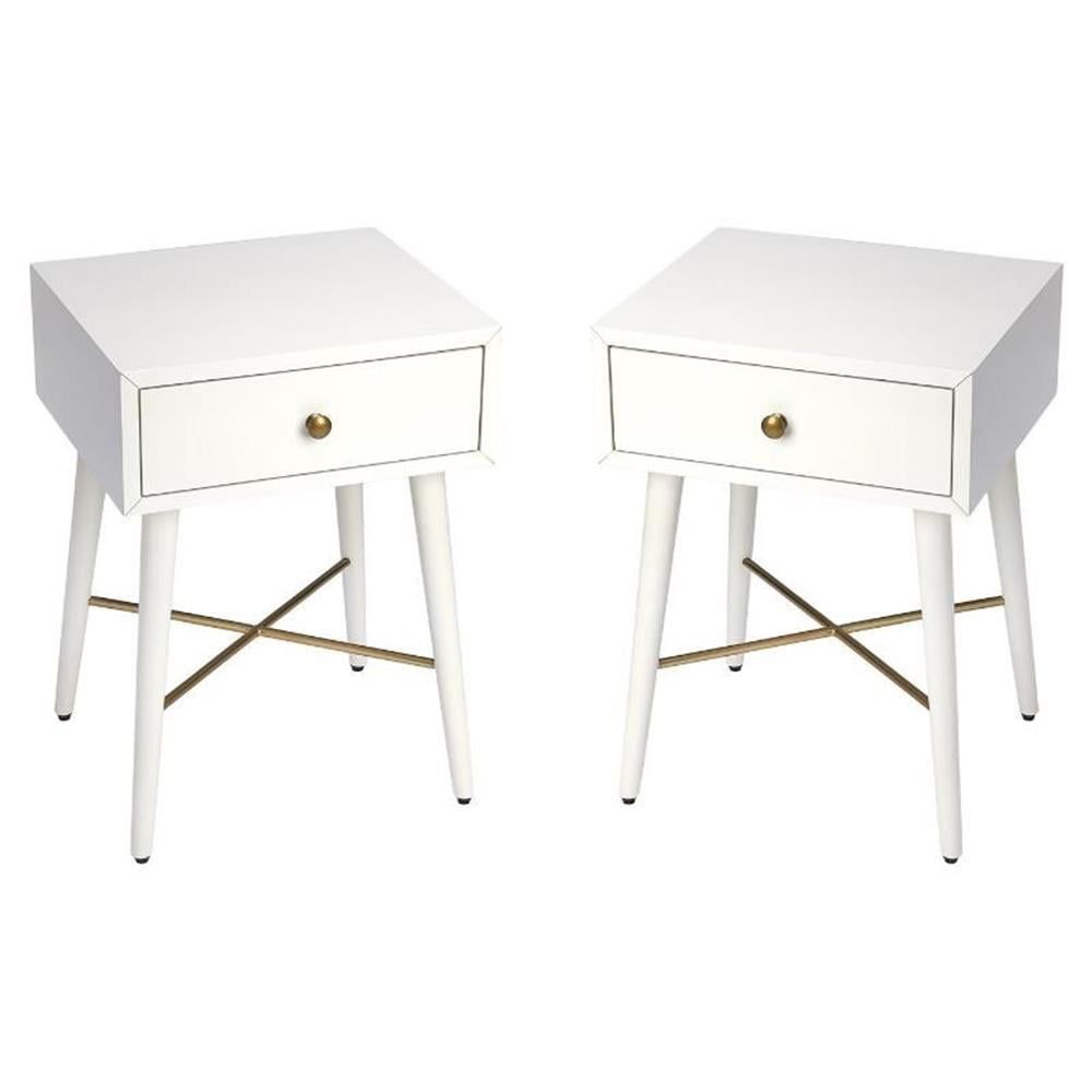 White and Gold Mid-Century Modern End Tables with Storage - Set of 2