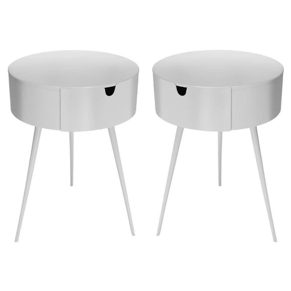 White Metal Round Nightstands with Single Drawer - Set of 2