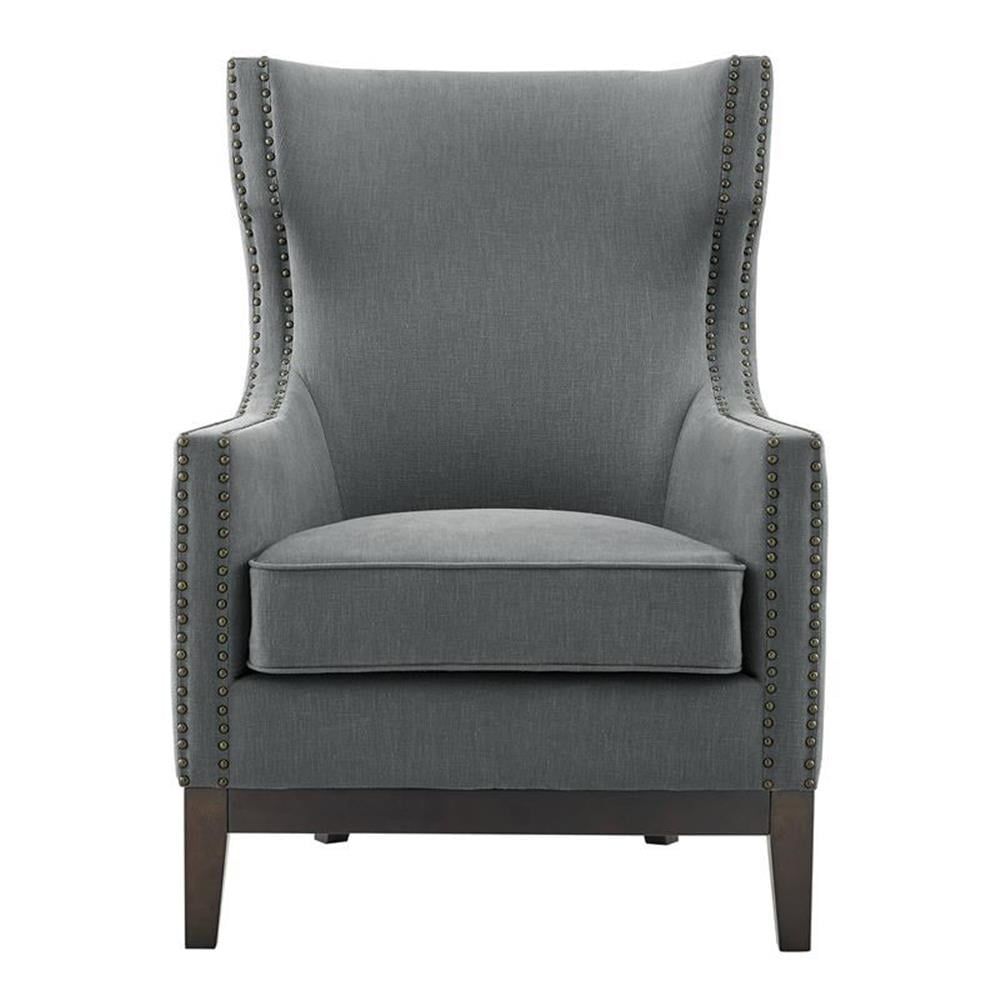 Gray Linen Wing-Back Accent Chair with Nailhead Trim