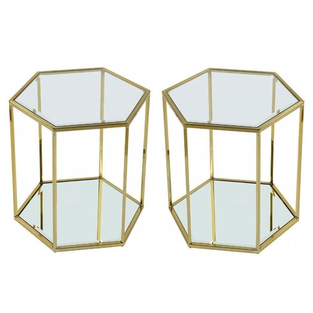 Hexagonal Brushed Gold and Glass End Tables - Set of 2