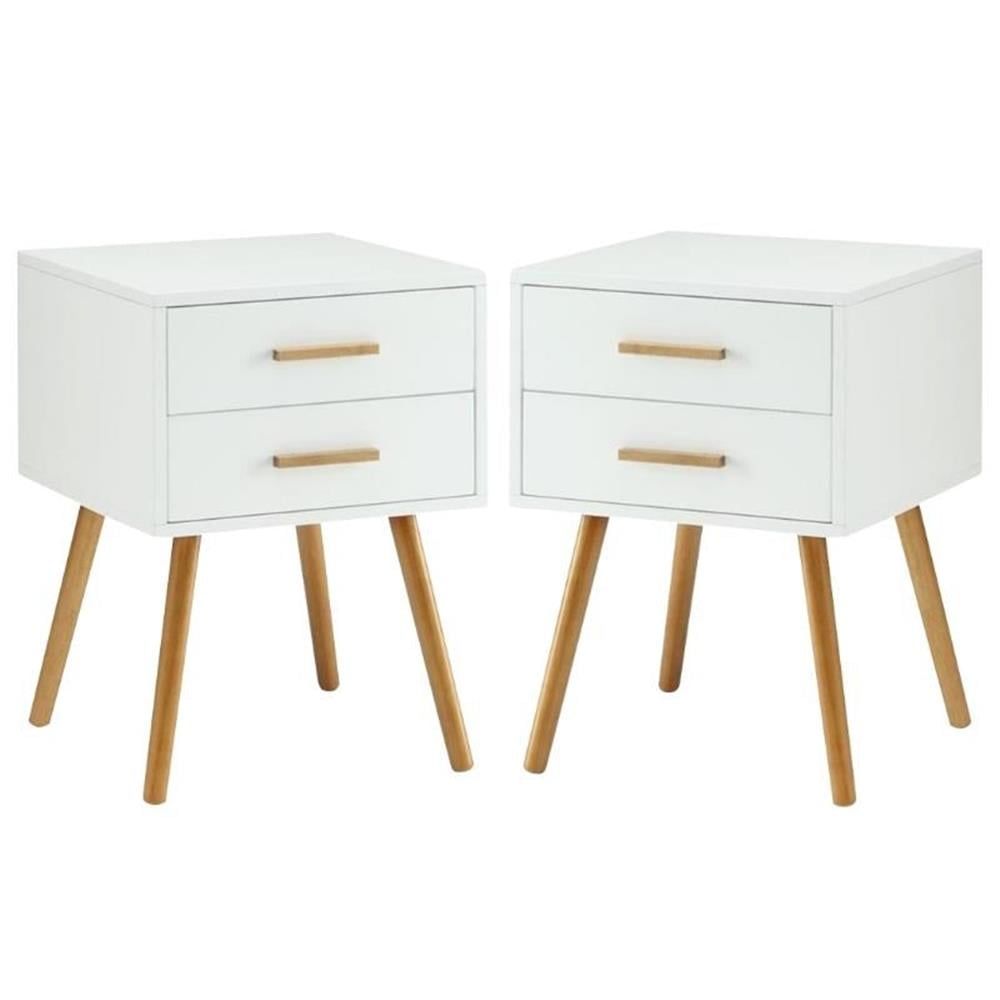 Oslo White Wood Two-Drawer End Table Set with Bamboo Handles