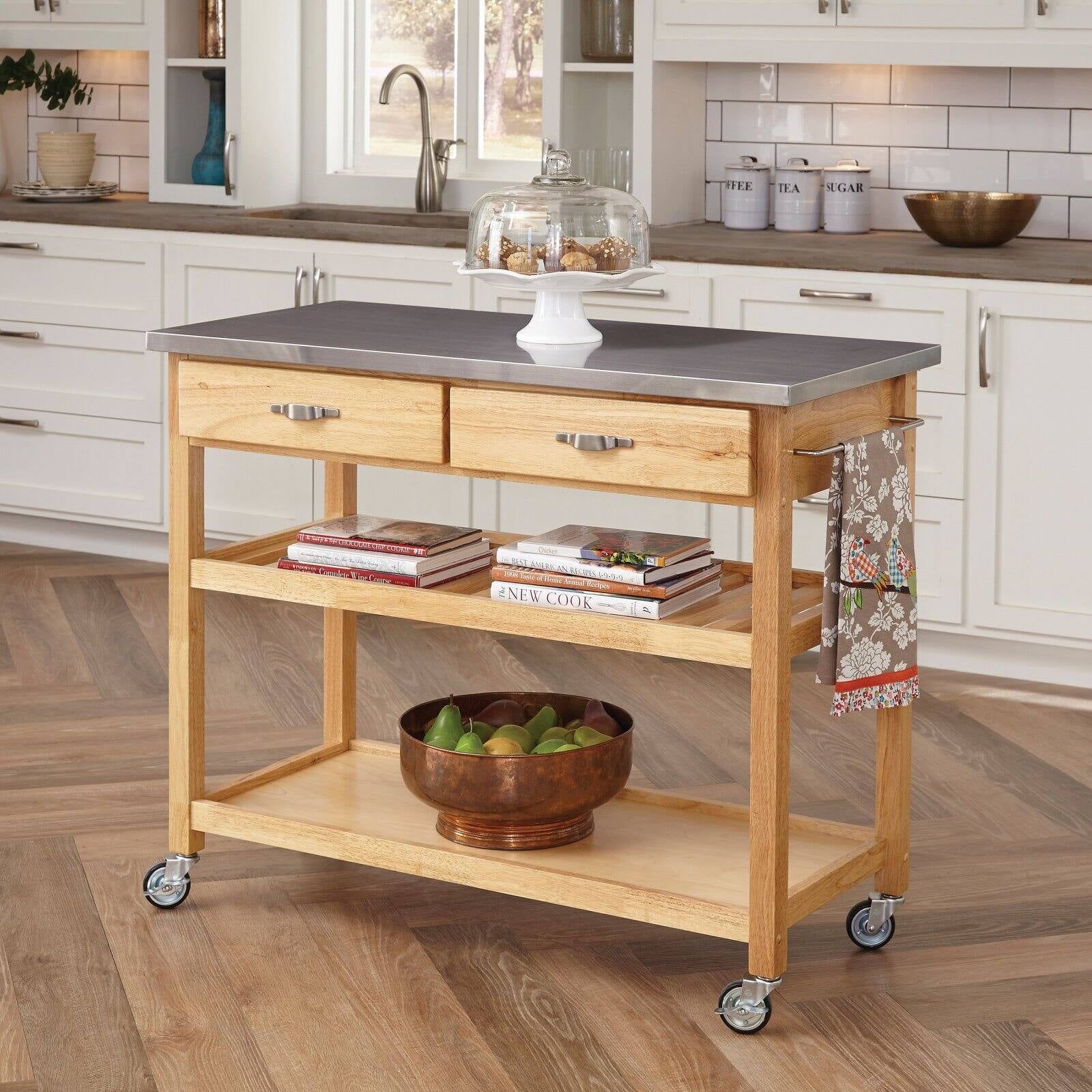 Natural Wood Kitchen Cart with Stainless Steel Top and Wine Rack