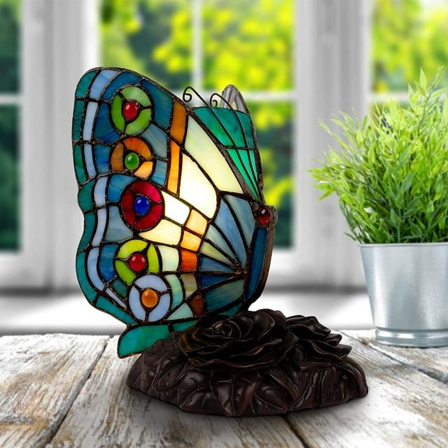 Vintage Bronze Tiffany Style Butterfly Lamp with Stained Glass