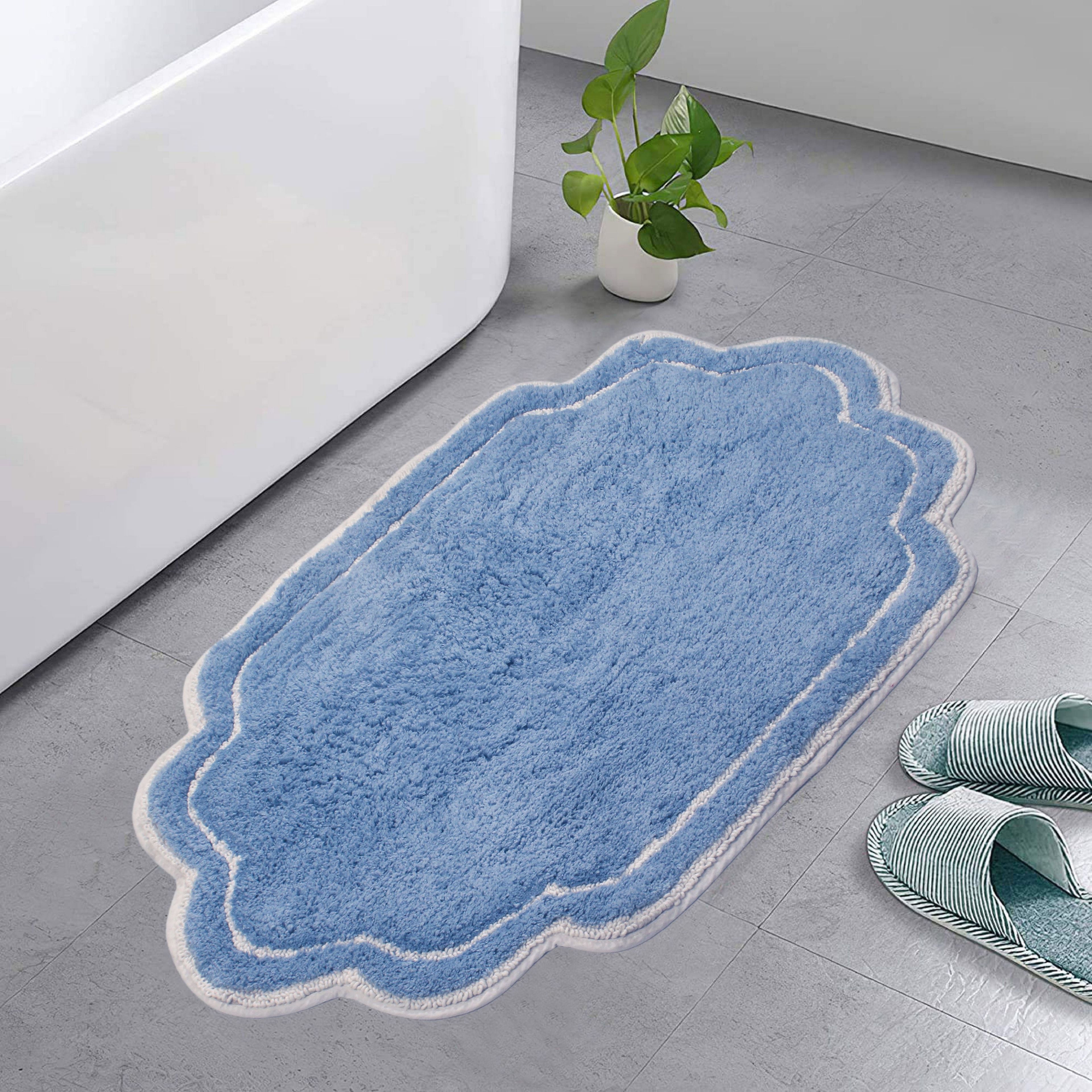 Blue Cotton Tufted Non-Slip Bathroom Runner Rug