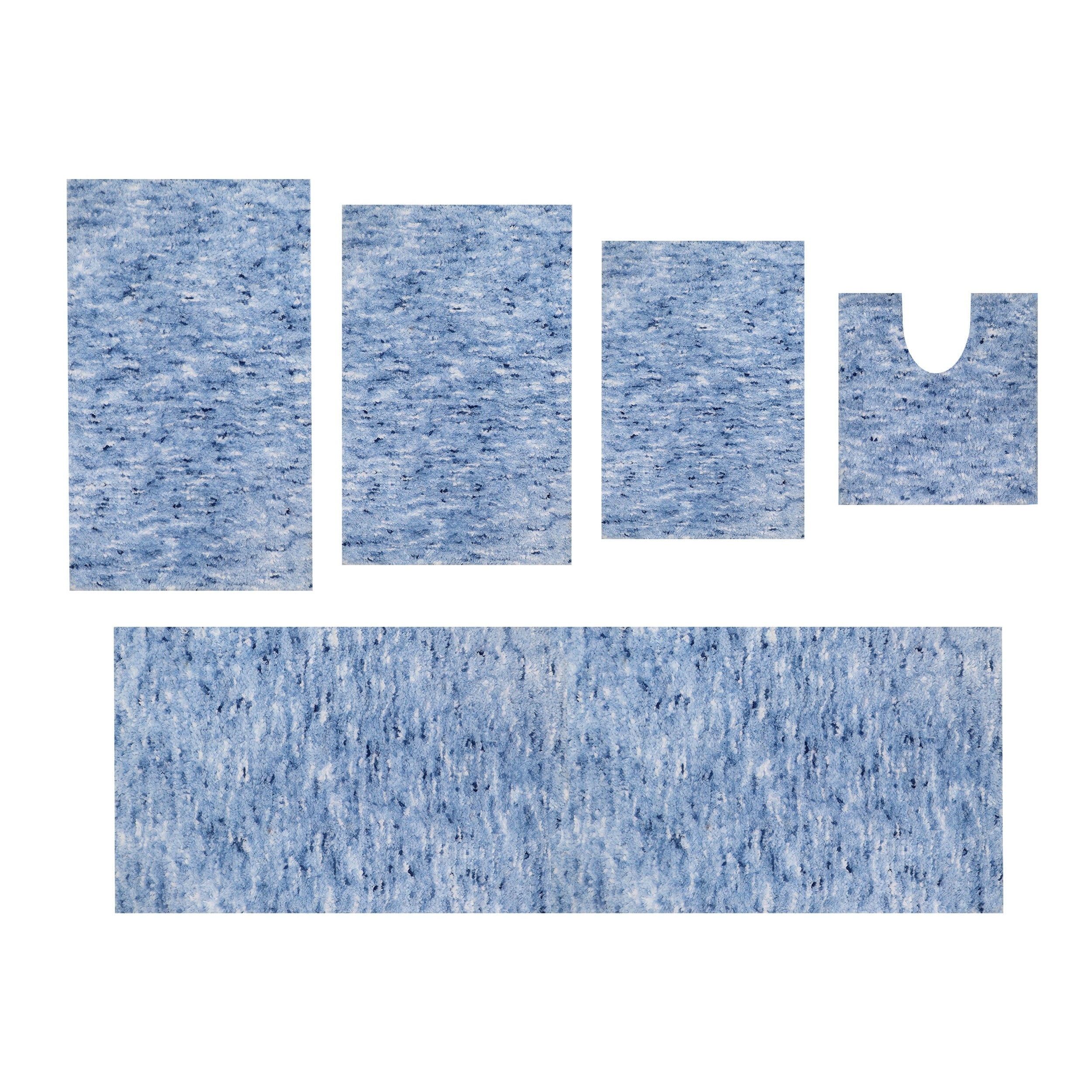 Blue Plush Microfiber Non-Slip Bathroom Rug Set