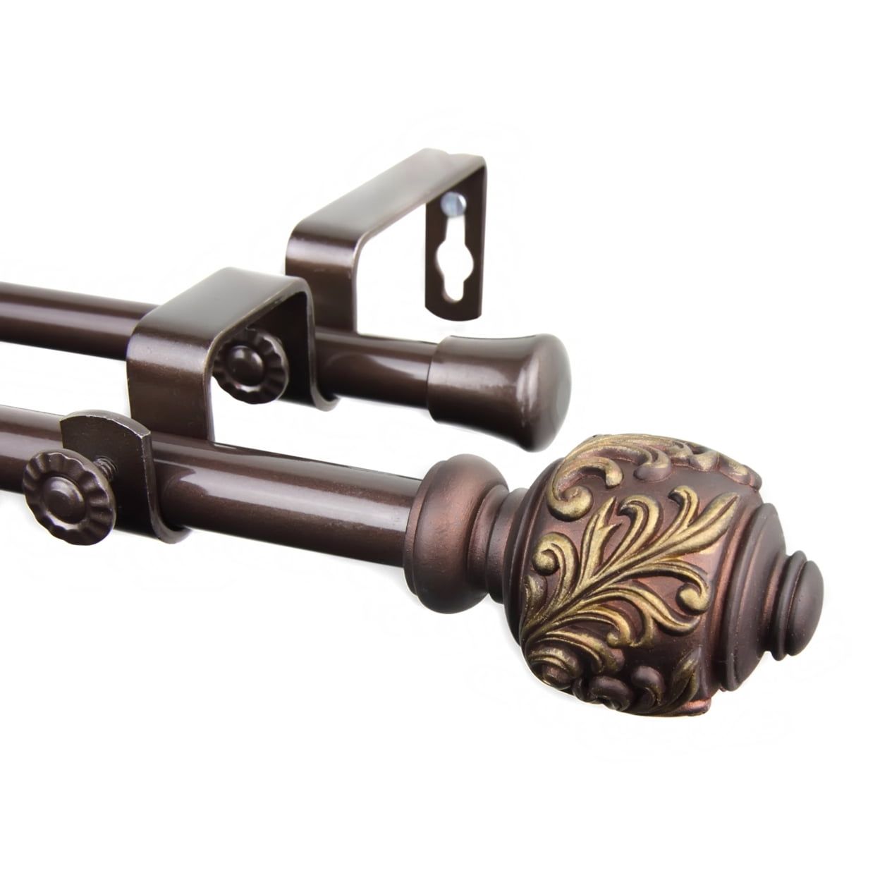 Mahogany Steel Double Curtain Rod with Carved Finials